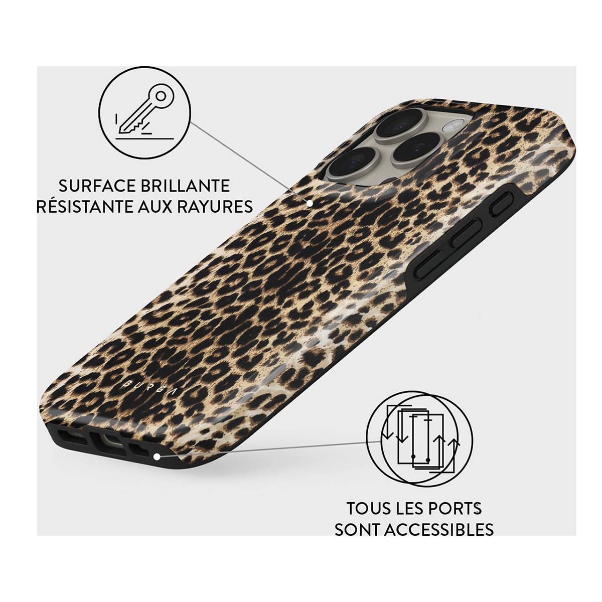 Custodia con stampa leopardata, finitura lucida e porte visibili.