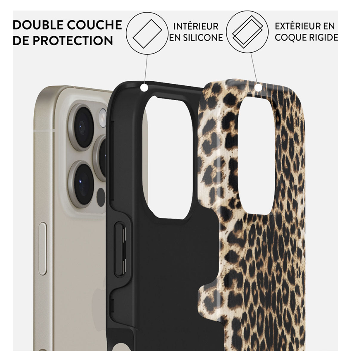 Strati della custodia del telefono. Cornice nera, stampa leopardata e interno in silicone.