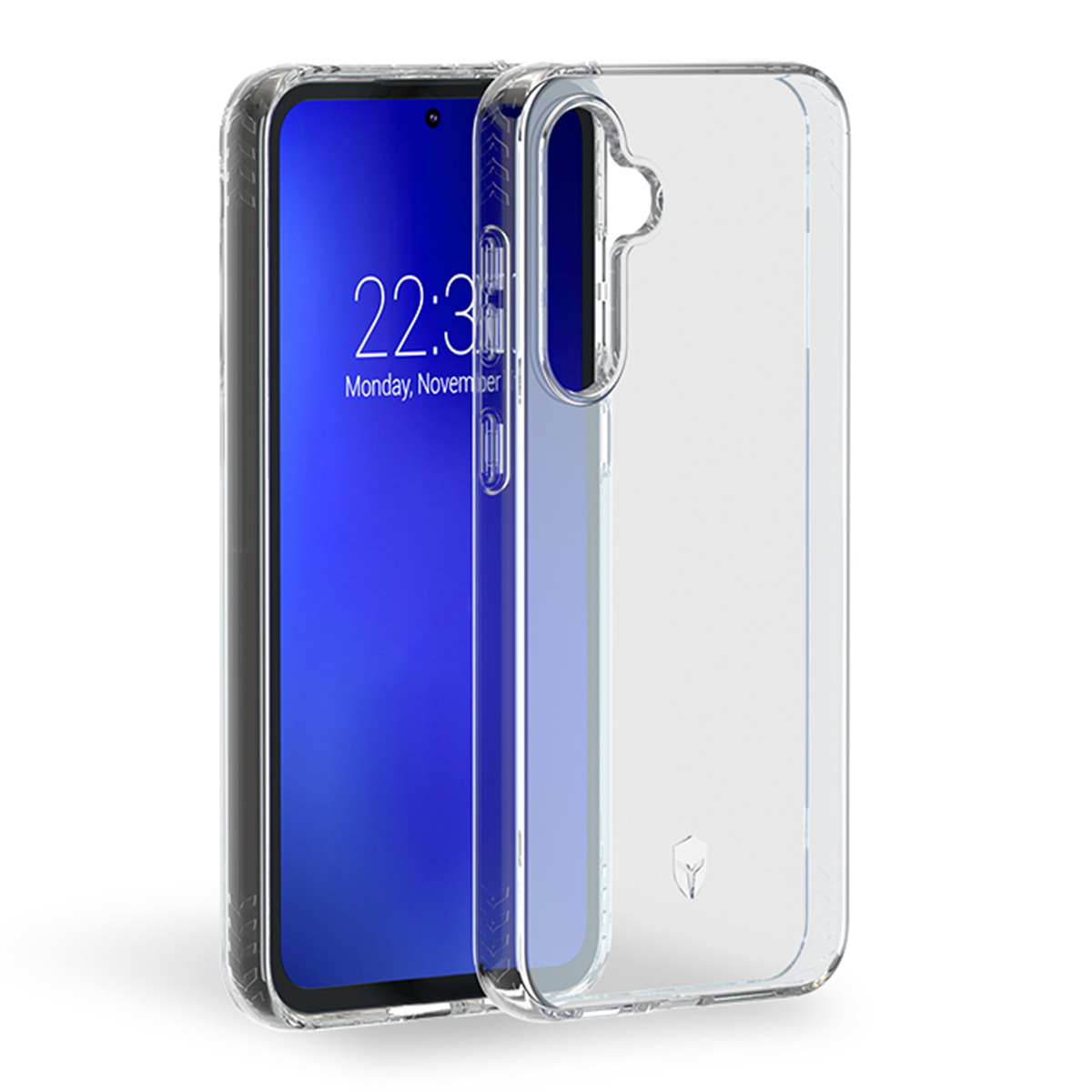 Custodia trasparente con un telefono che mostra uno schermo blu con testo. Sfondo bianco.