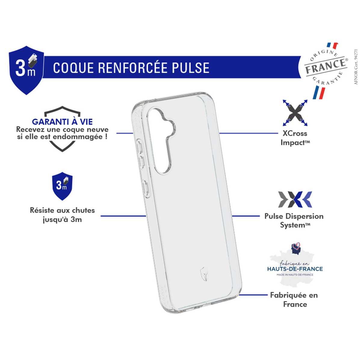 Custodia trasparente con testo e icone, origine francese.