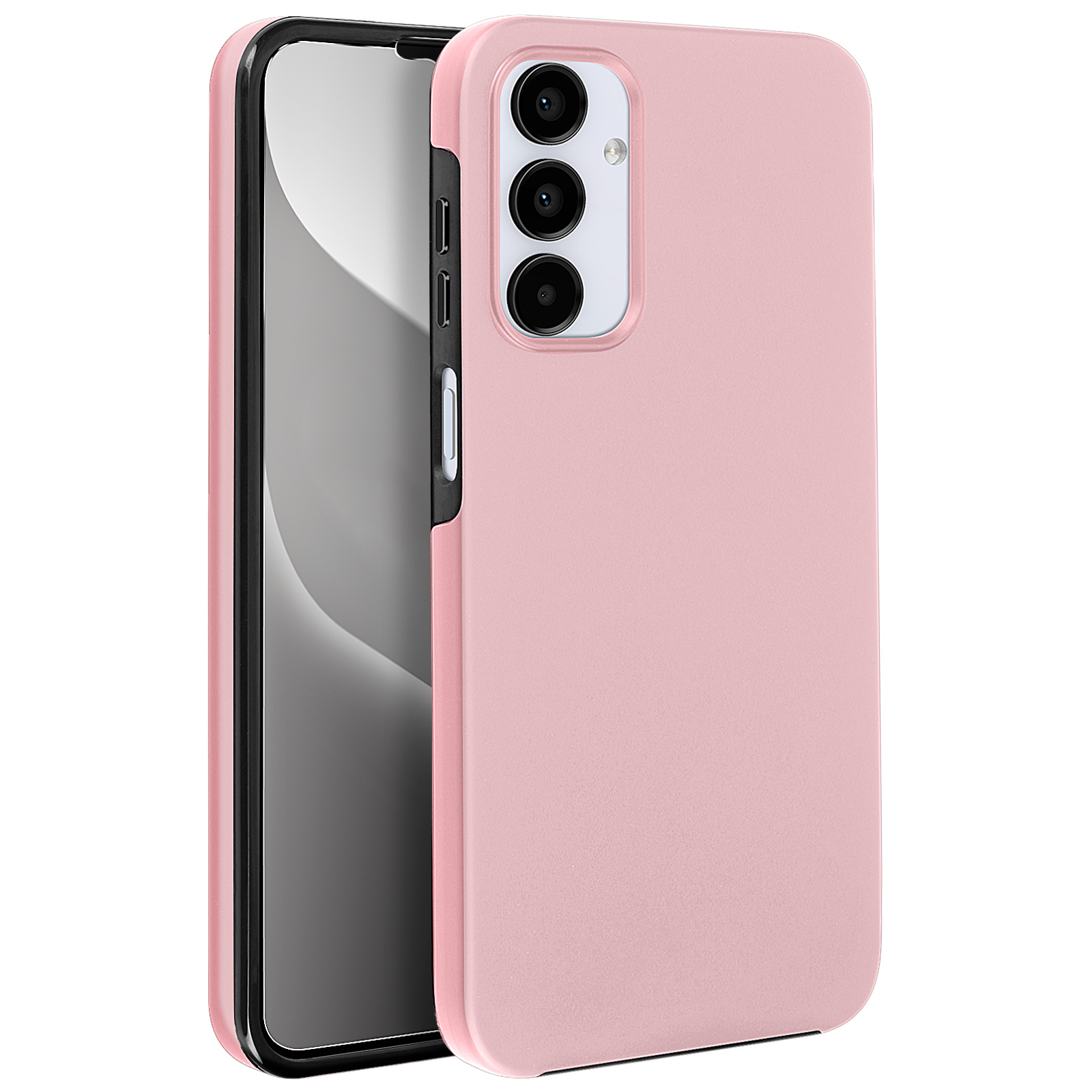 Custodia rosa per telefono su sfondo bianco. Schermo visibile. Tre obiettivi.