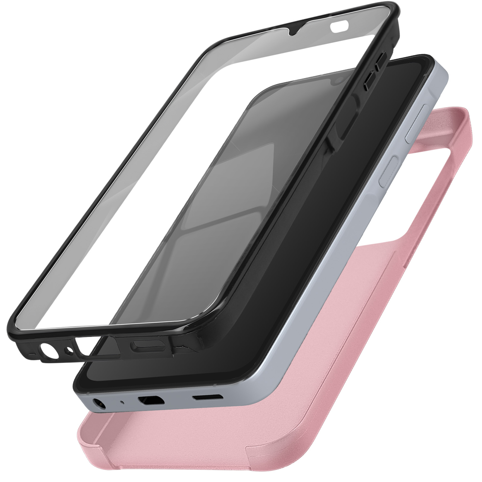 Vista esplosa di custodia, schermo e cornice del telefono in rosa, nero e trasparente.