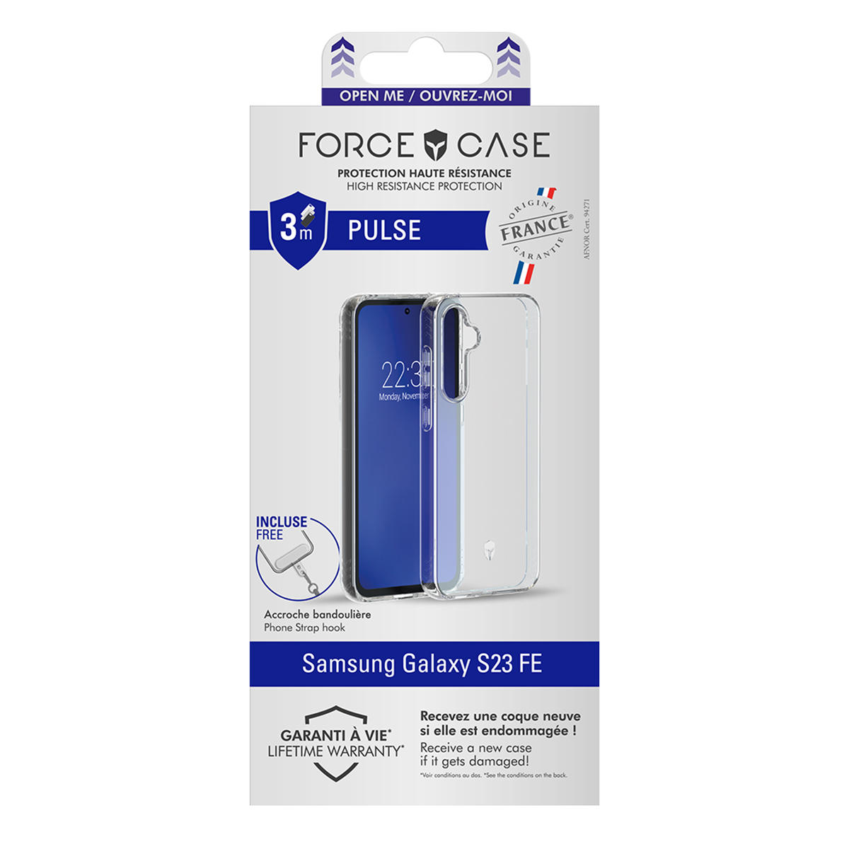Confezione della custodia del telefono. È trasparente con un telefono all'interno. Include il modello Samsung Galaxy S23 FE.