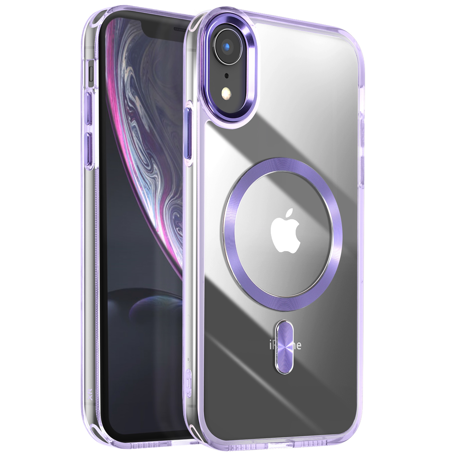 Custodia trasparente con dettagli viola, logo Apple e anello MagSafe.