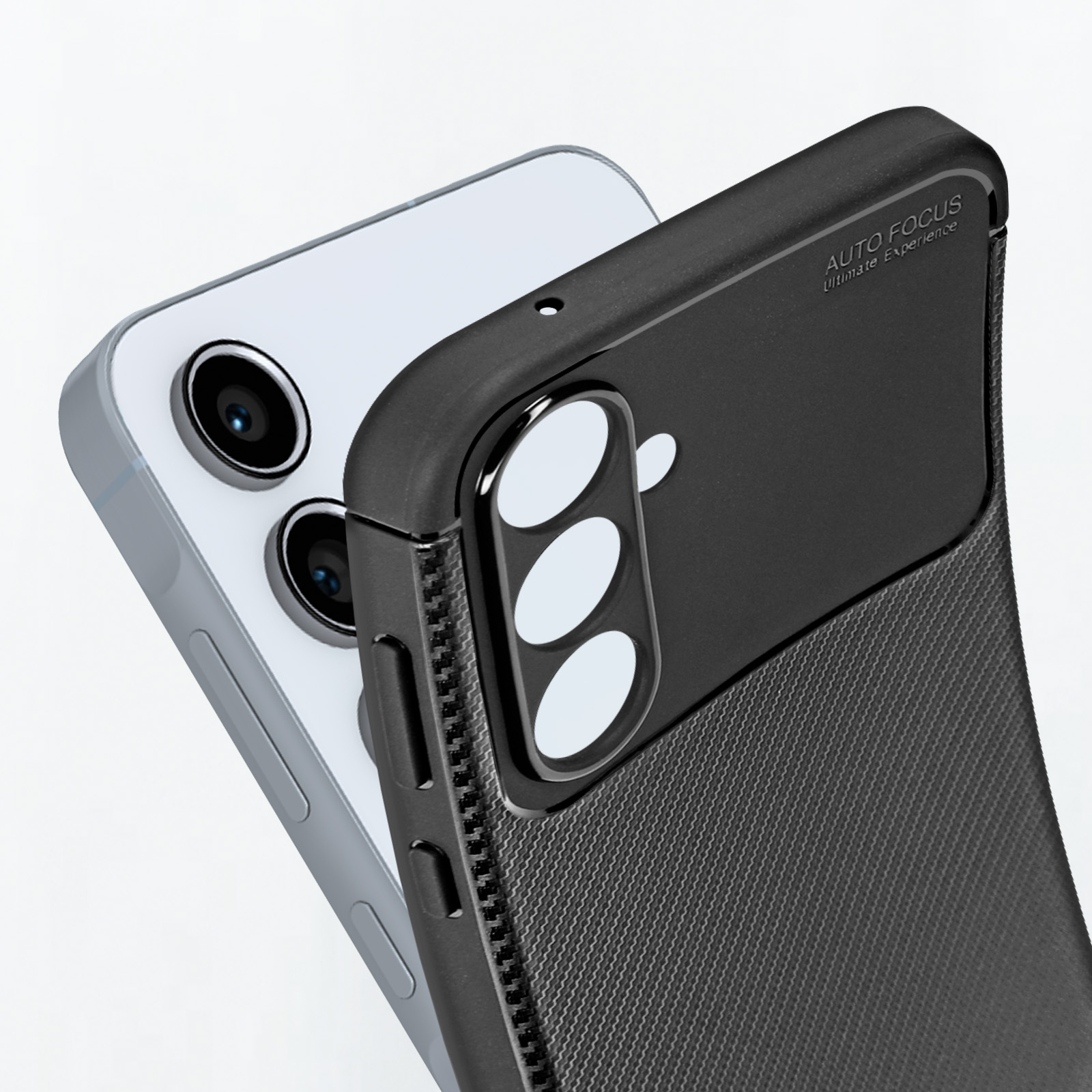 Custodia nera con retro testurizzato, che copre un telefono bianco. La custodia ha il testo 'Auto Focus'.