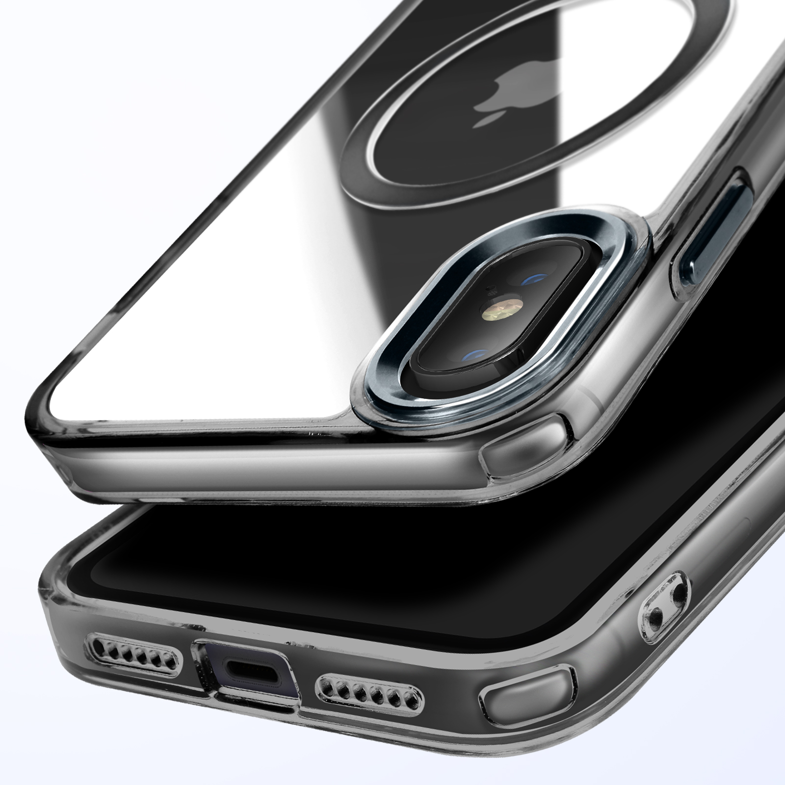 Due custodie trasparenti per telefono impilate. La custodia superiore ha un ritaglio per la fotocamera e un anello per un attacco magnetico.