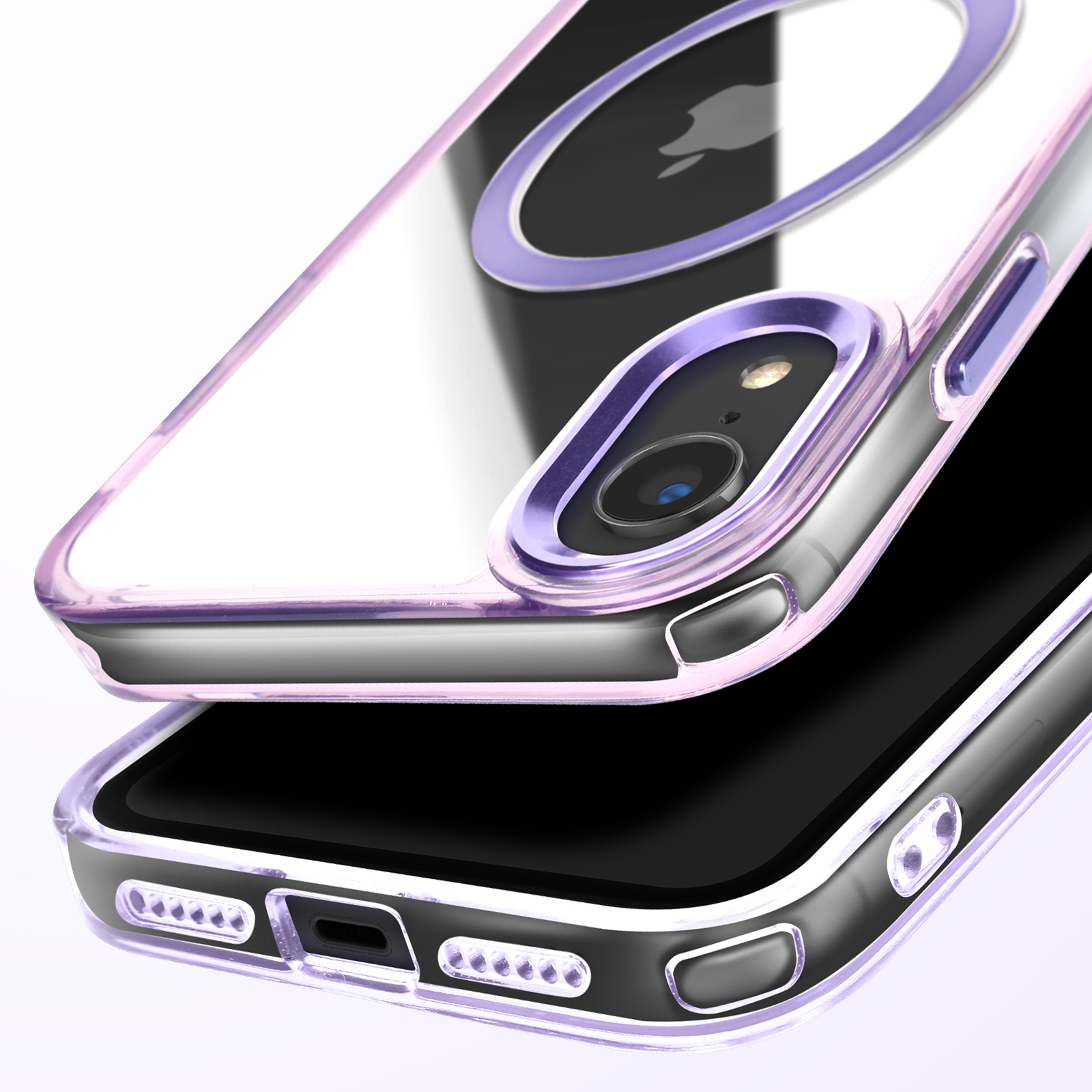 Primo piano di una custodia trasparente per telefono con bordo viola e un telefono nero all'interno.