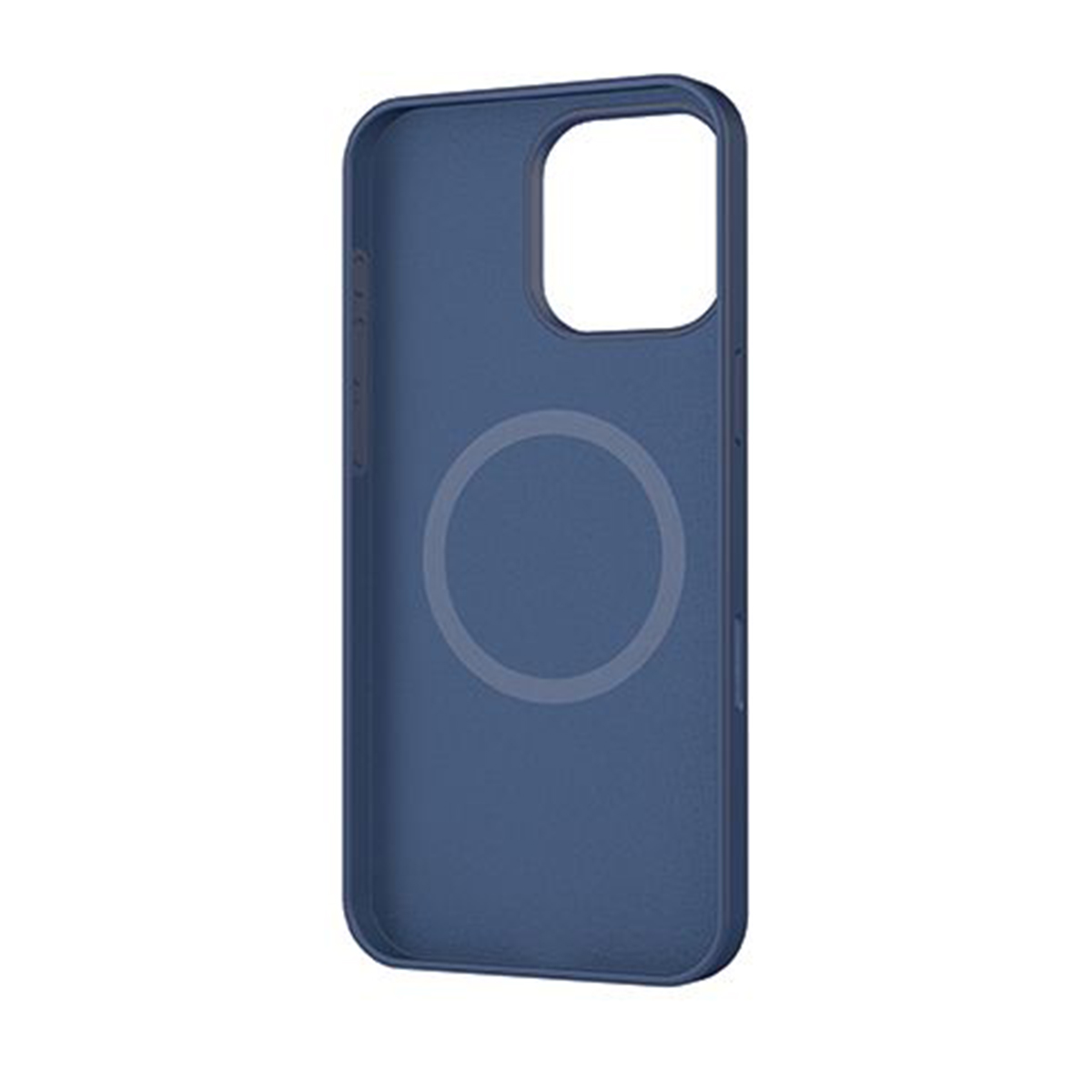 Custodia blu per telefono con un design circolare sul retro. L'area della fotocamera è visibile. Lo sfondo è bianco.