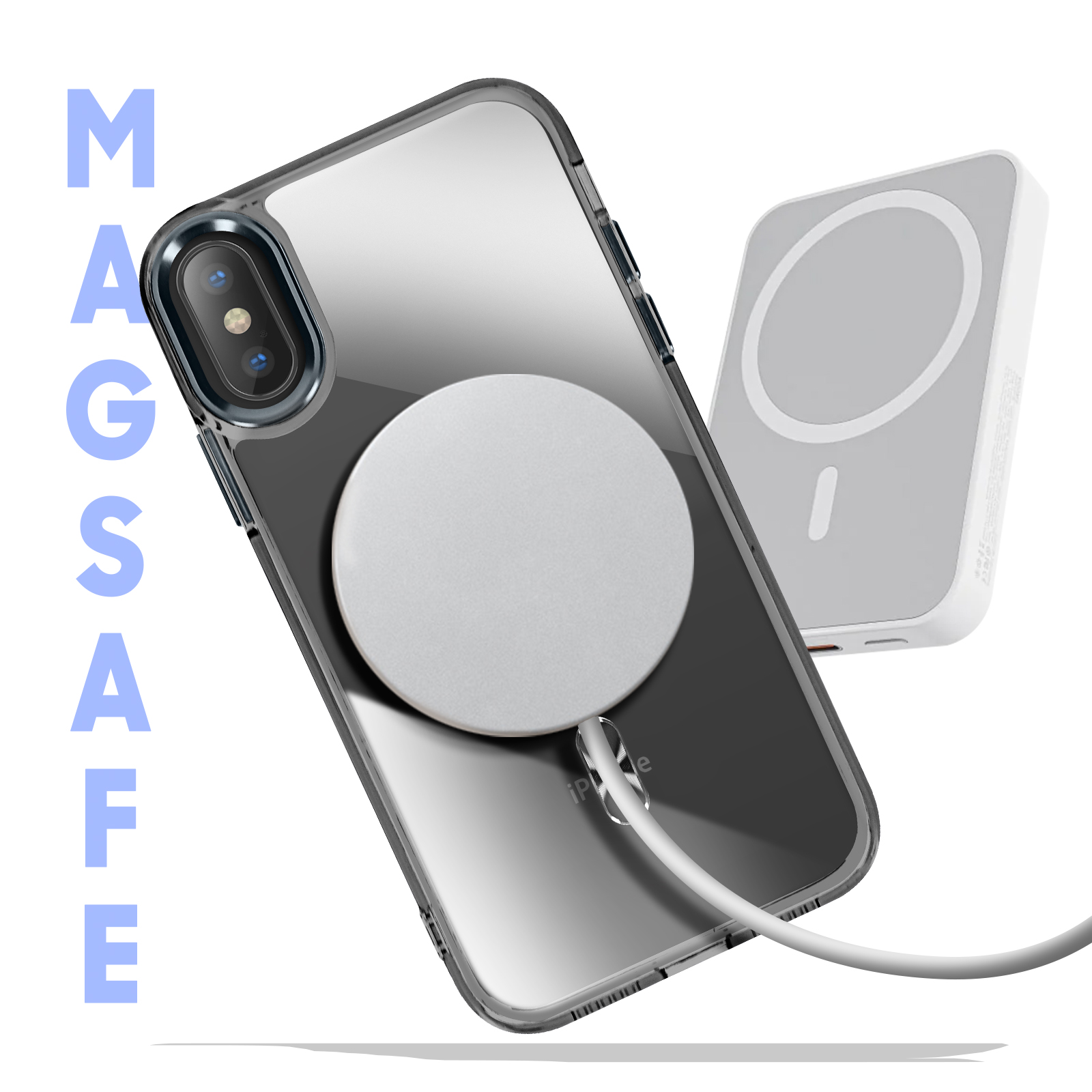 Custodia trasparente con cerchio bianco e cavo di ricarica. Caricatore MagSafe bianco. Testo blu 'MAGSAFE'.