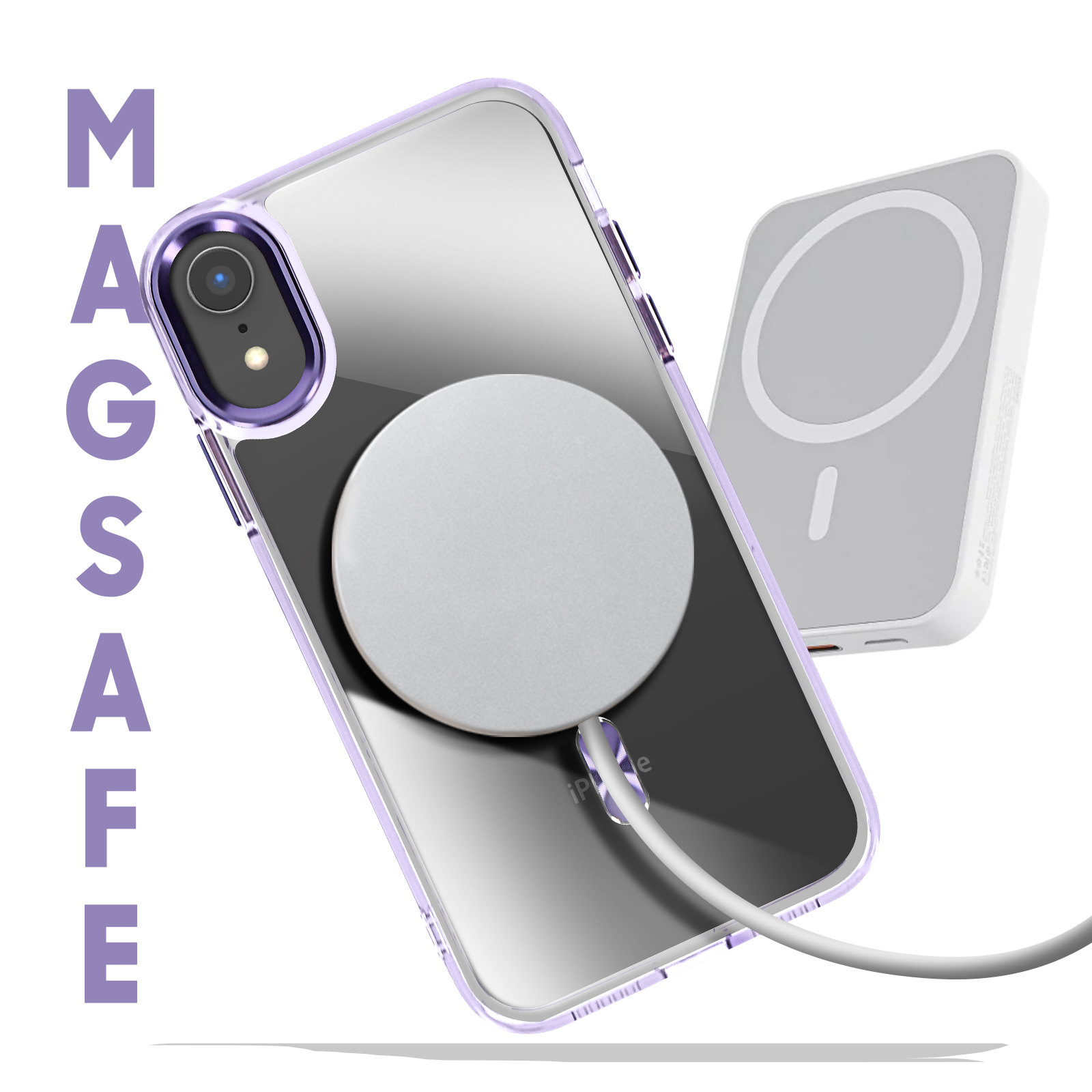 Custodia trasparente per iPhone con bordo viola e caricatore MagSafe. La parola MAGSAFE è visibile.
