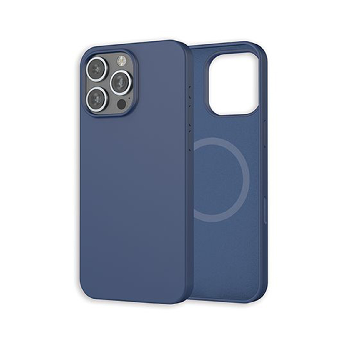 Custodia blu per telefono con tre obiettivi e un anello MagSafe all'interno della custodia.