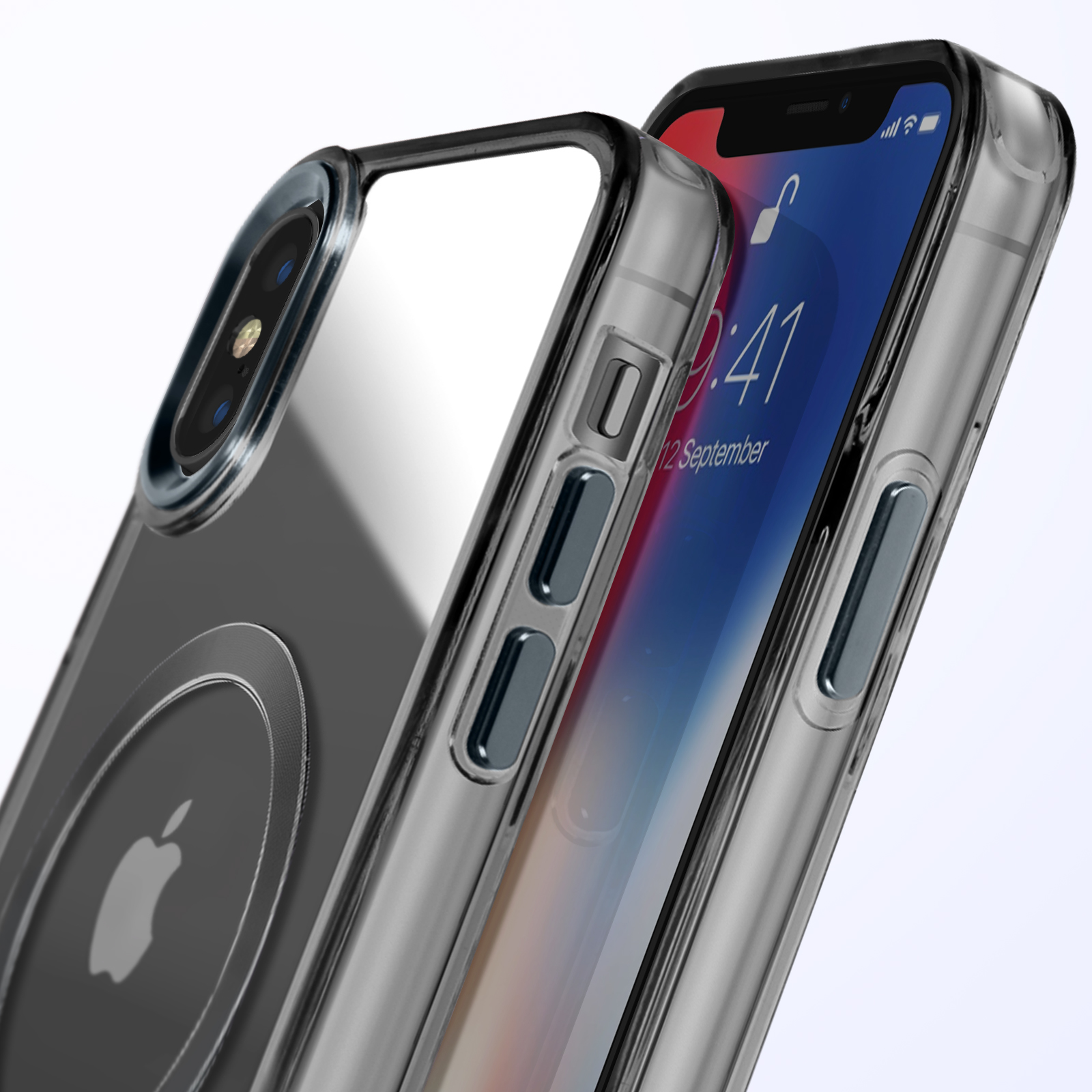 Telefono in una custodia trasparente che mostra la fotocamera del telefono. La custodia ha un design trasparente.