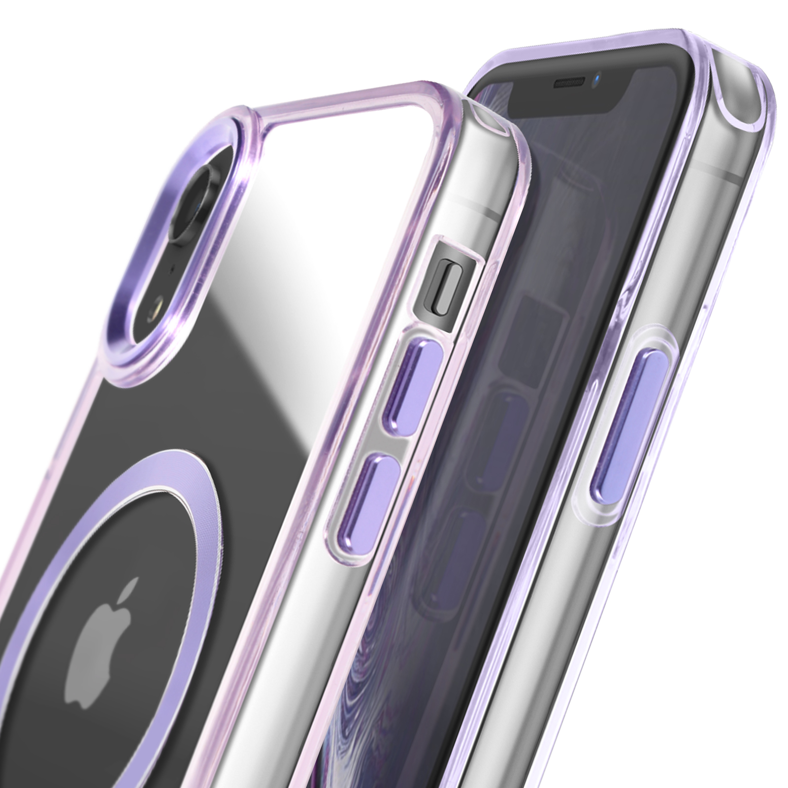 Custodia per telefono con retro trasparente e cornice viola. I pulsanti laterali del telefono sono visibili.