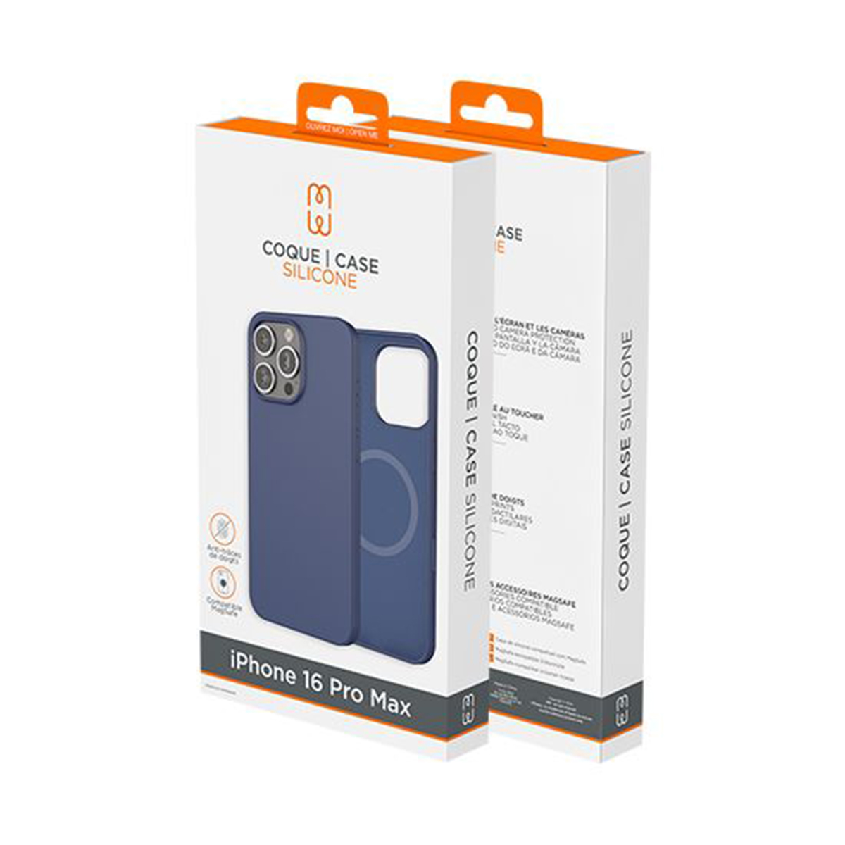 Due scatole bianche mostrano una custodia blu. Il testo sulla custodia include 'COQUE|CASE SILICONE'.