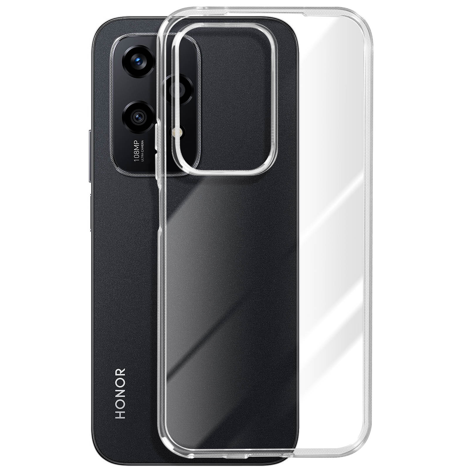 Telefono Honor nero con custodia protettiva trasparente. La parte posteriore del telefono è visibile.