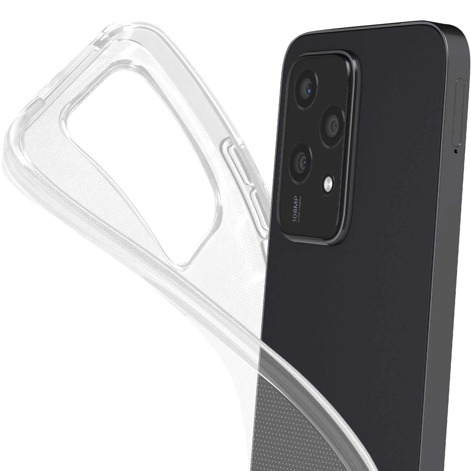 Una custodia nera con cornice trasparente. Una fotocamera è sul retro del telefono. La custodia è vicina.