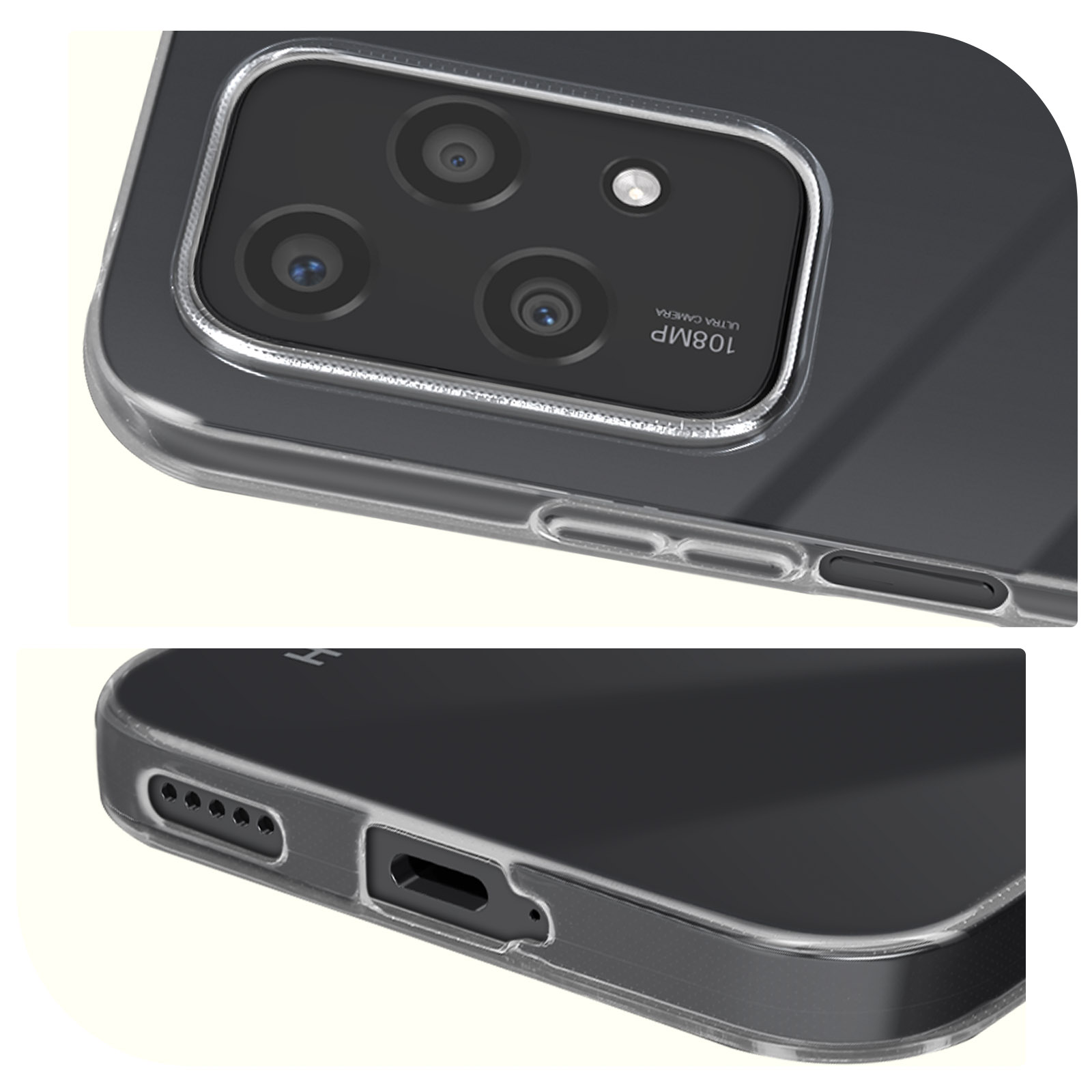 Custodia per telefono con fori per la fotocamera. Lo sfondo è un telefono.