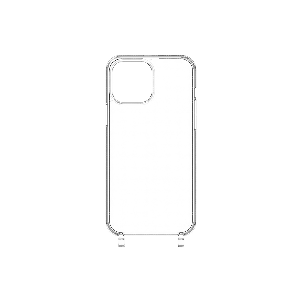 Una custodia trasparente per telefono, che mostra il contorno con fori per fotocamera e pulsanti.