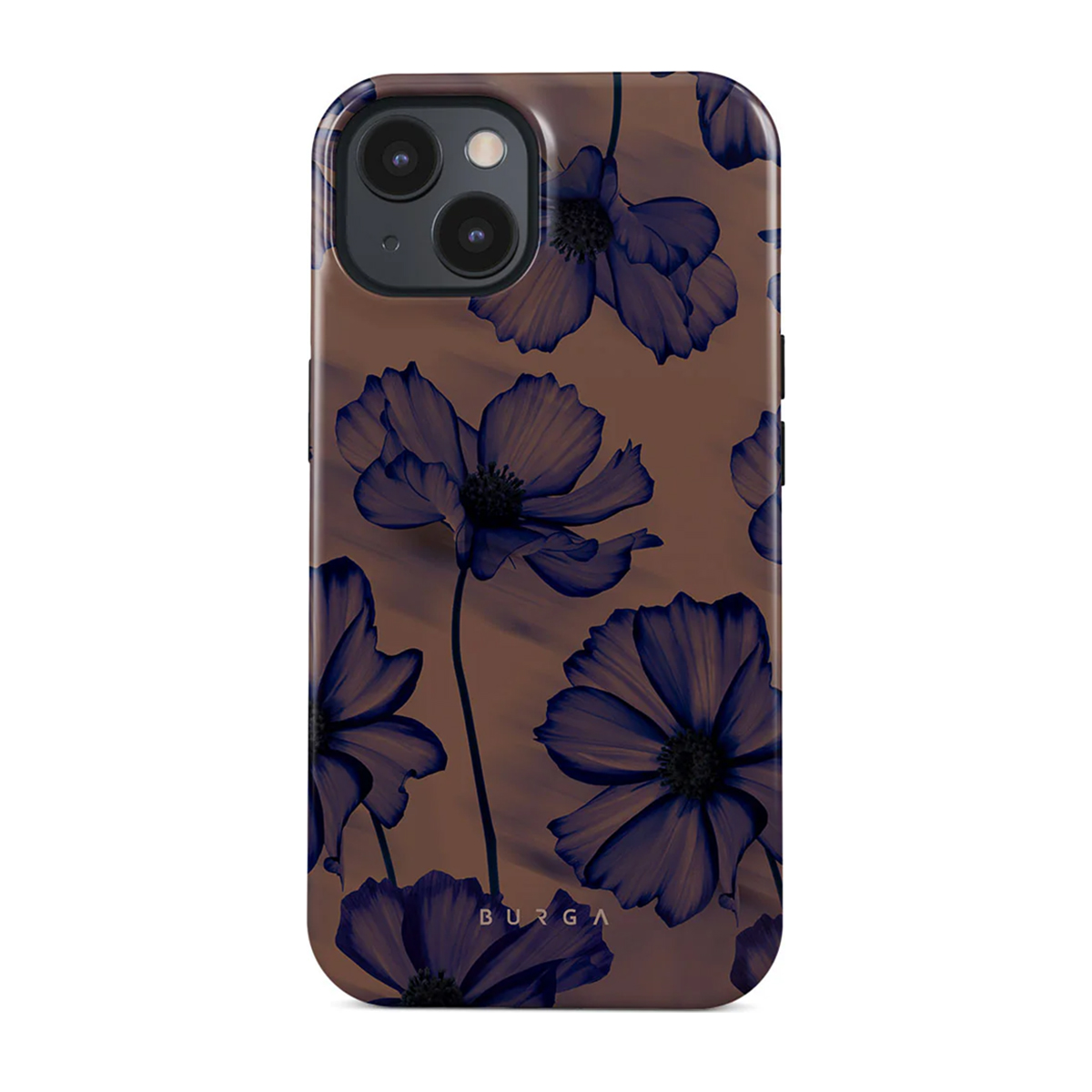 Custodia per telefono con motivo floreale blu scuro su sfondo marrone e logo BURGA.