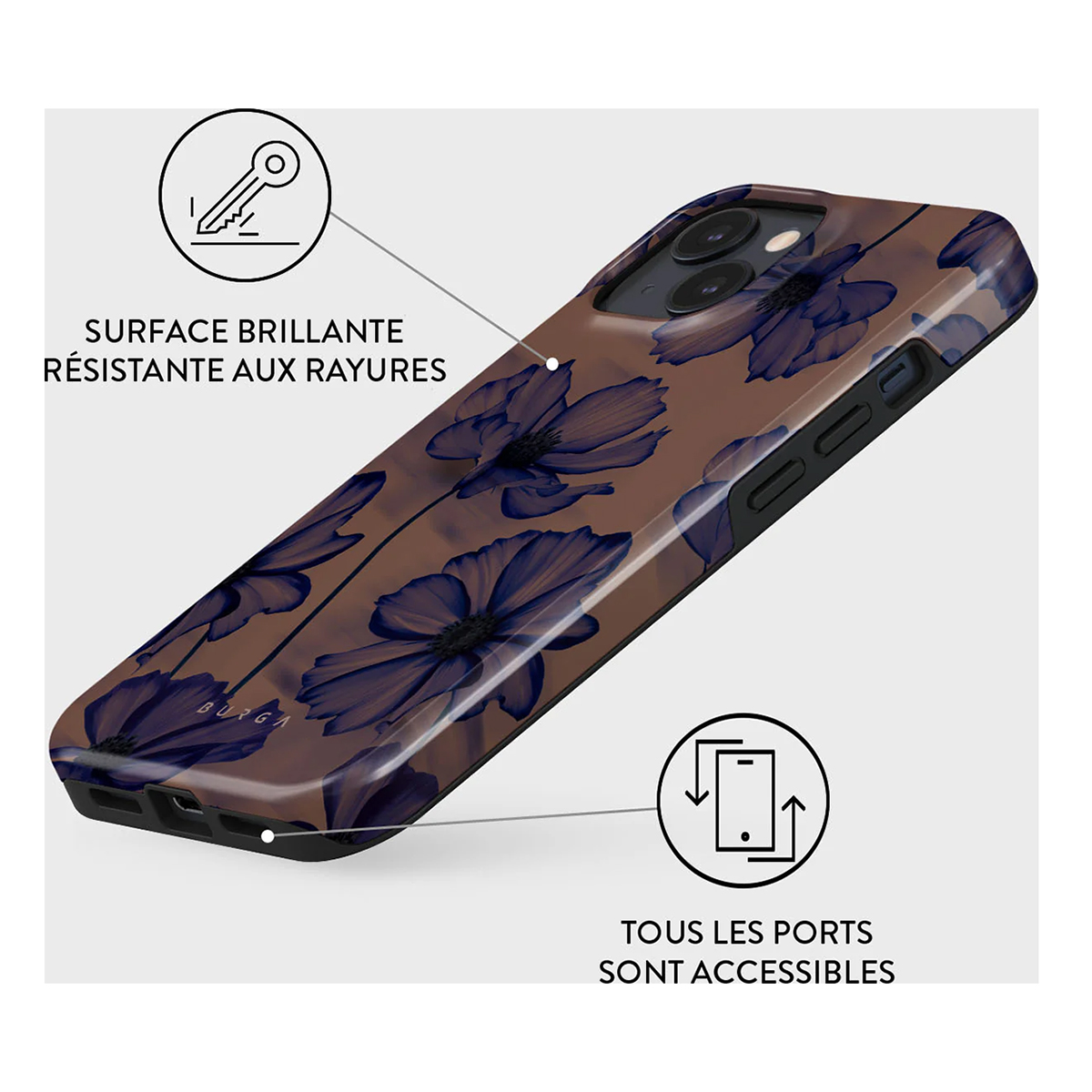 Custodia per telefono con design floreale marrone e blu, con icone chiave e porte.