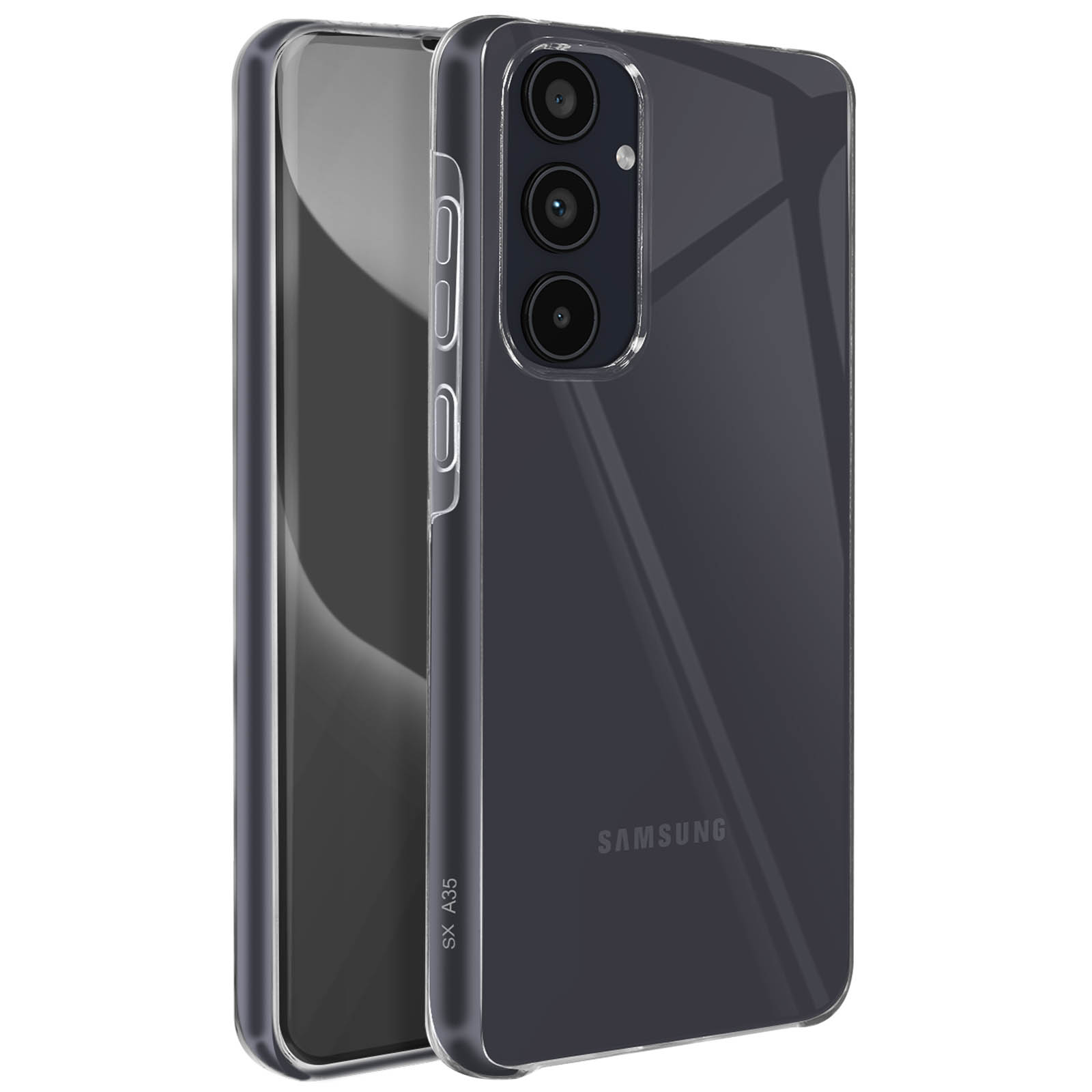 Custodia trasparente per telefono con telefono. Il telefono ha moduli fotocamera e schermo nero. Testo Samsung presente.