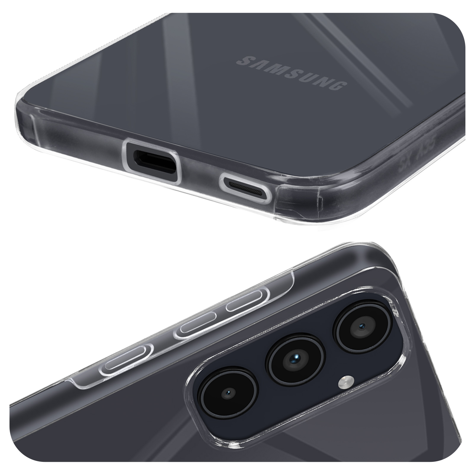 Custodia trasparente per telefono che mostra porte e pulsanti. Logo Samsung visibile.