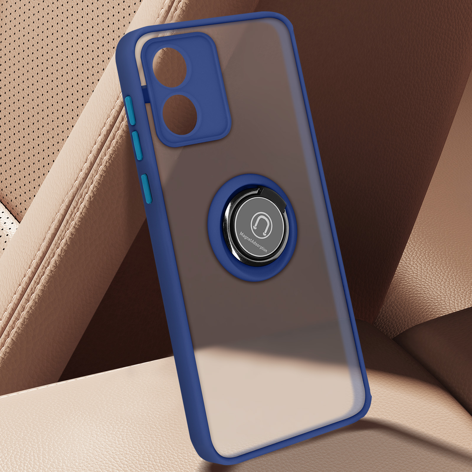 Blau-transparente Handyhülle mit Ringhalter, auf einem Autositz.