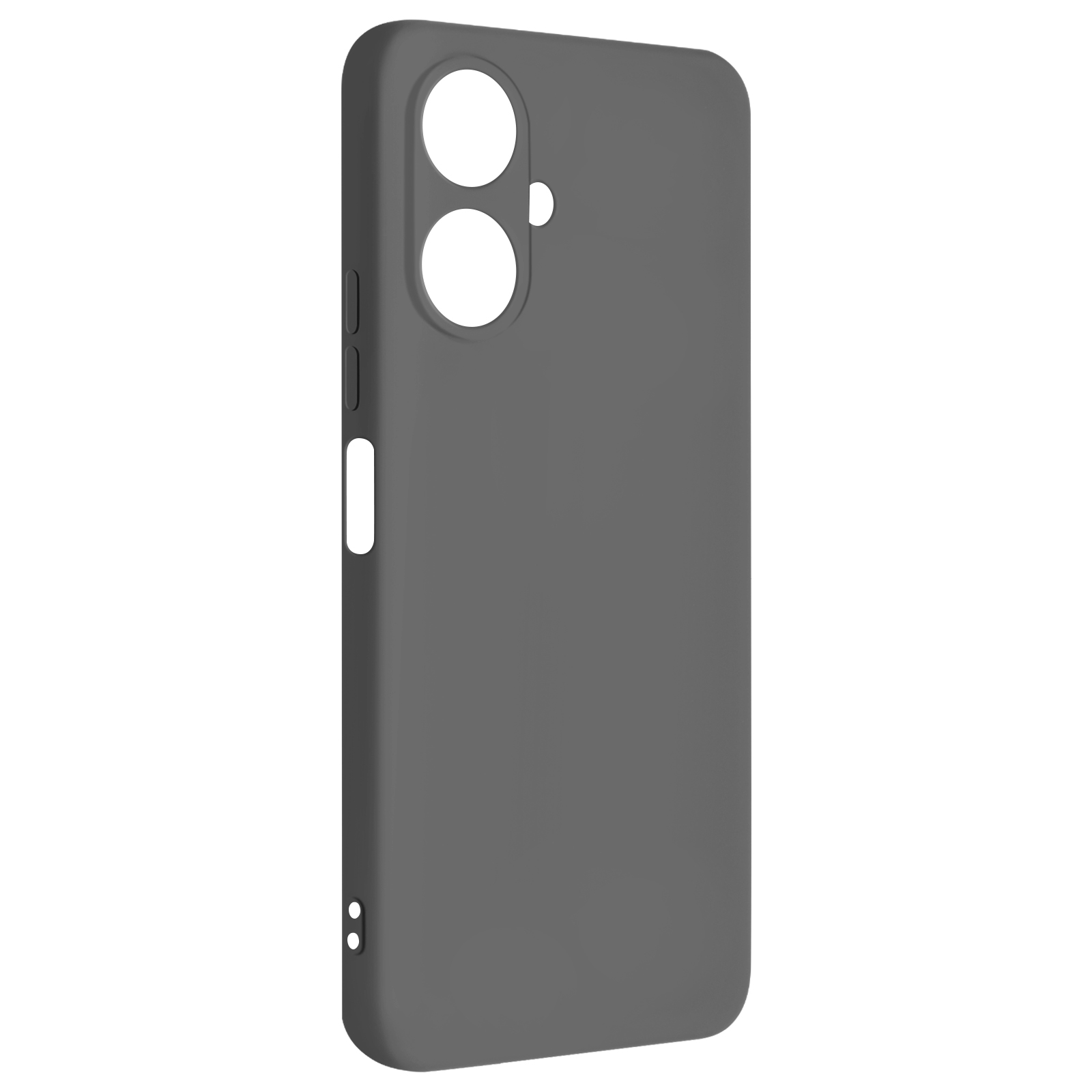 Custodia per telefono grigio scuro. La custodia ha ritagli per la fotocamera e i pulsanti. Sfondo bianco.