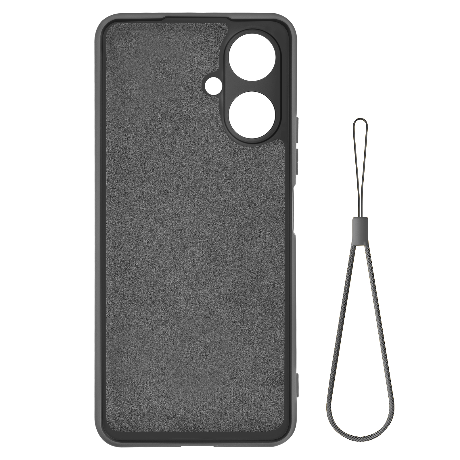 Custodia per telefono grigio scuro. Due fori per fotocamera e un cinturino. Sfondo bianco.