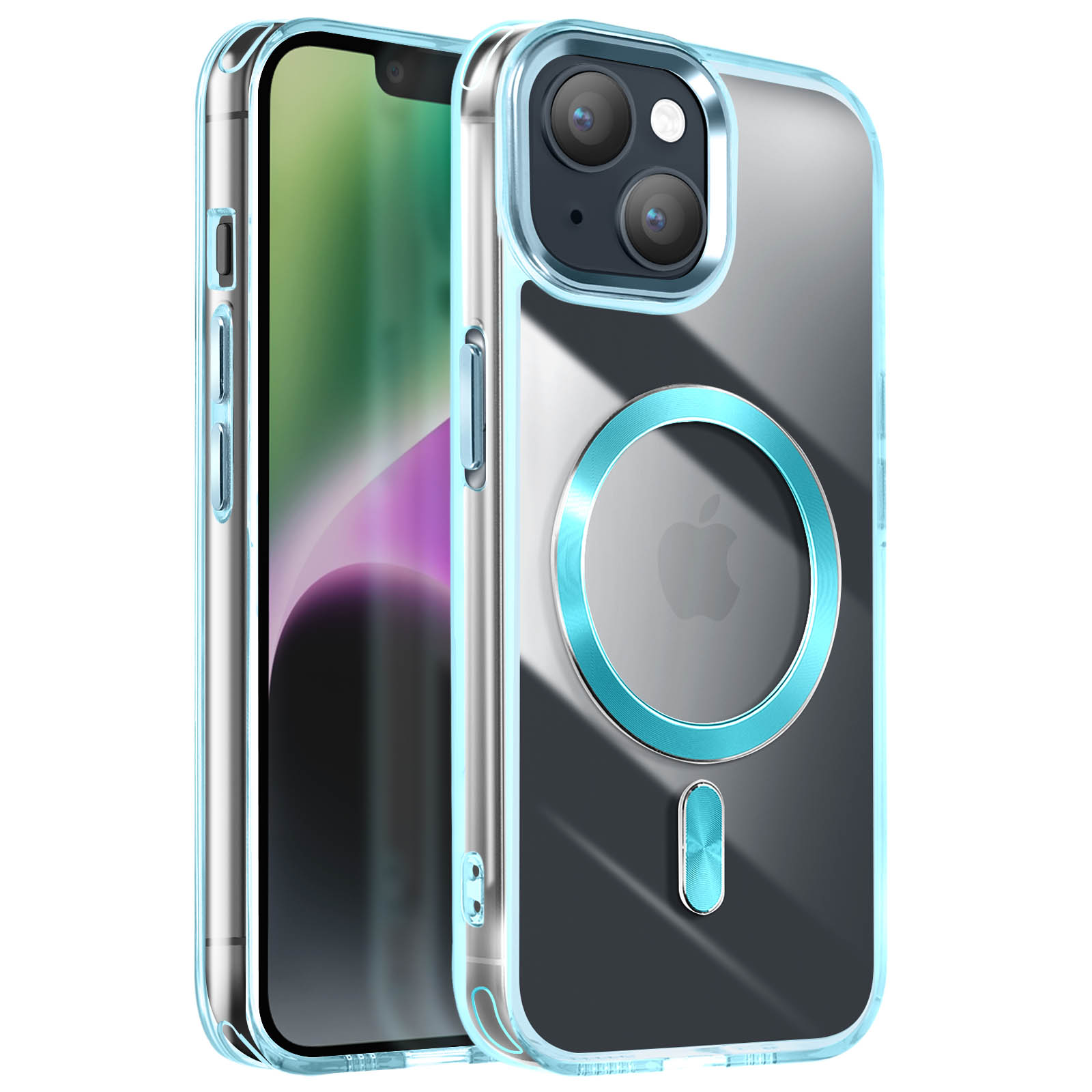 Custodia trasparente con cerchio e bordi blu. Telefono all'interno. Logo Apple visibile.
