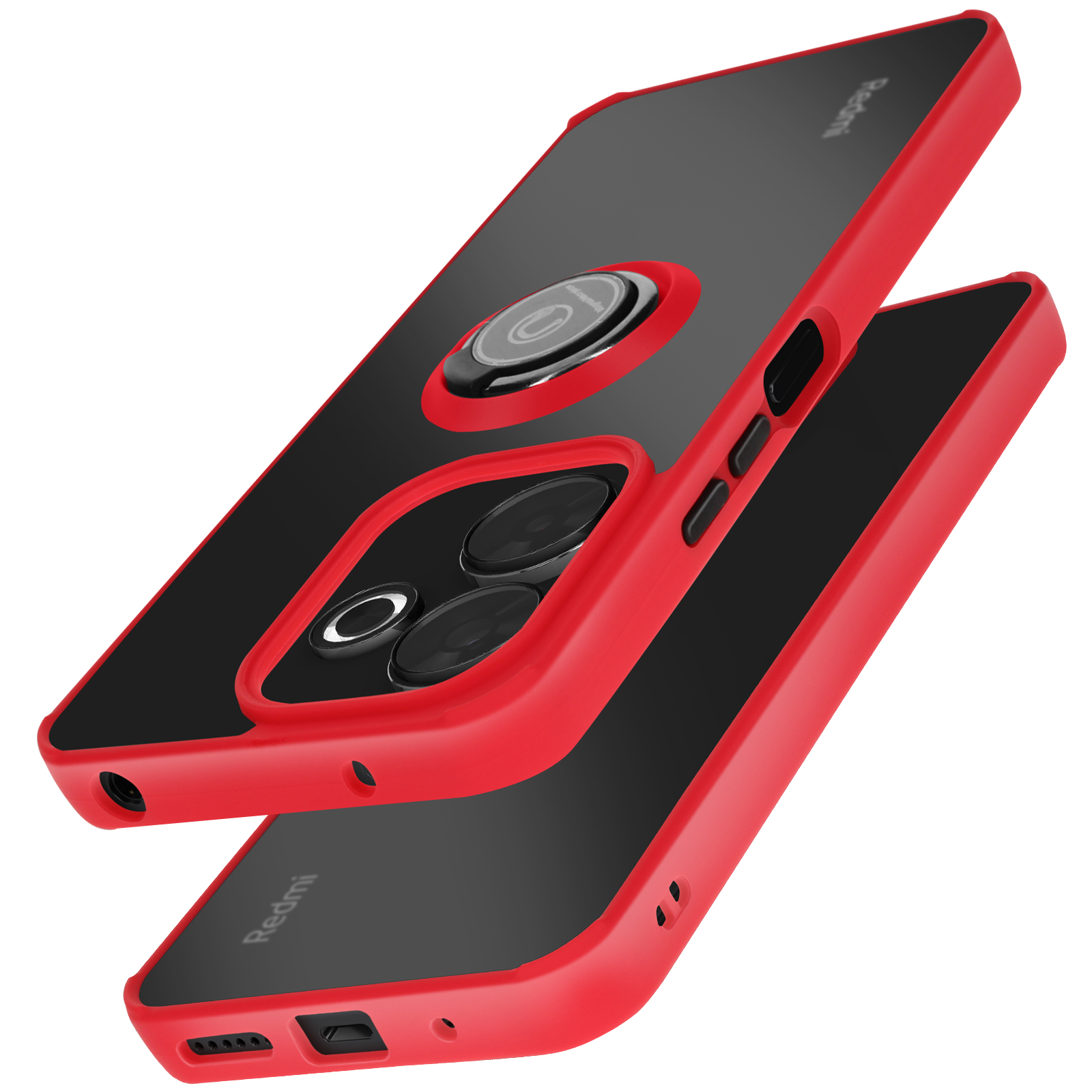 Custodia per telefono rossa e nera, con retro trasparente. Due custodie si sovrappongono.