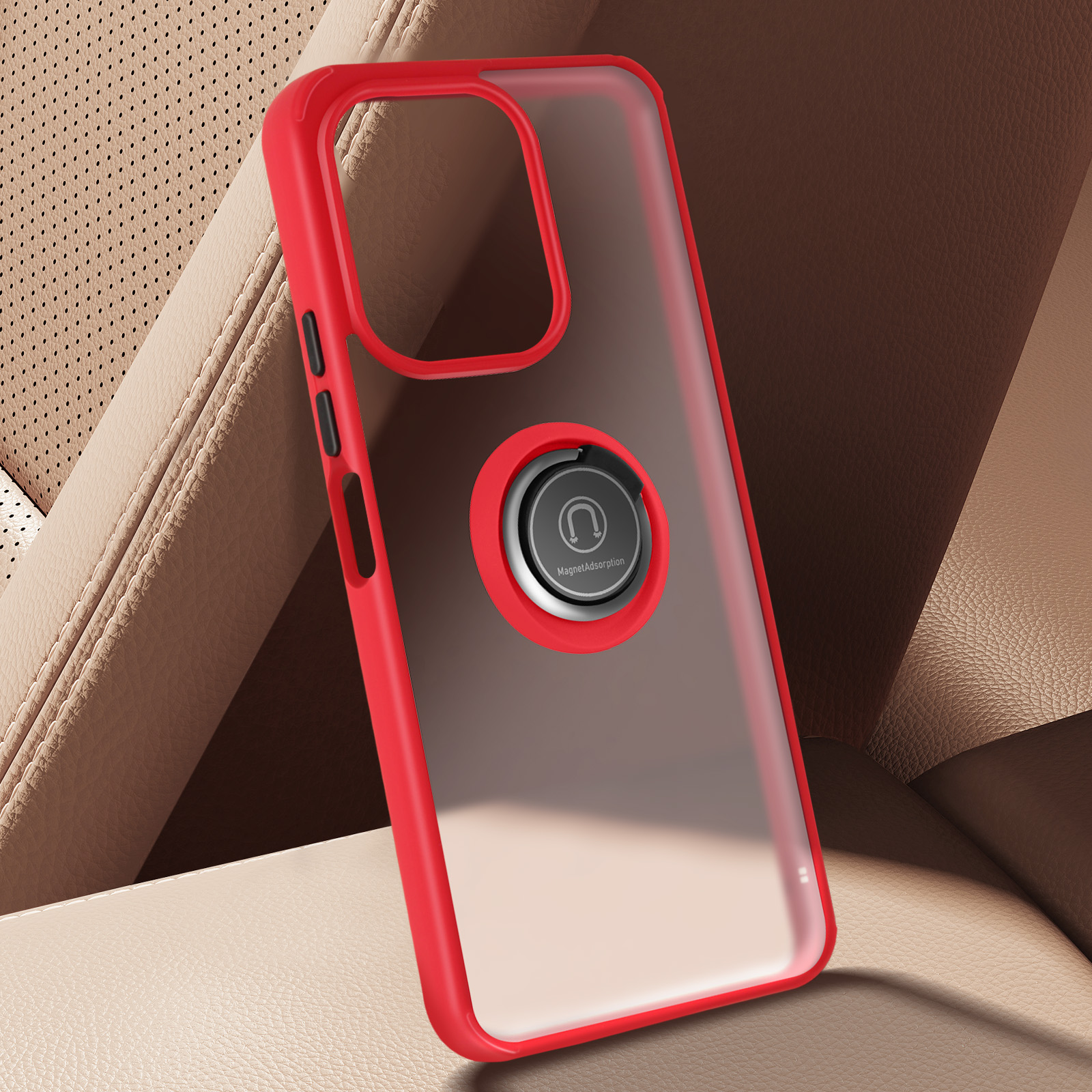 Custodia per telefono rossa con anello di supporto. Il telefono è dentro. È in un'auto.