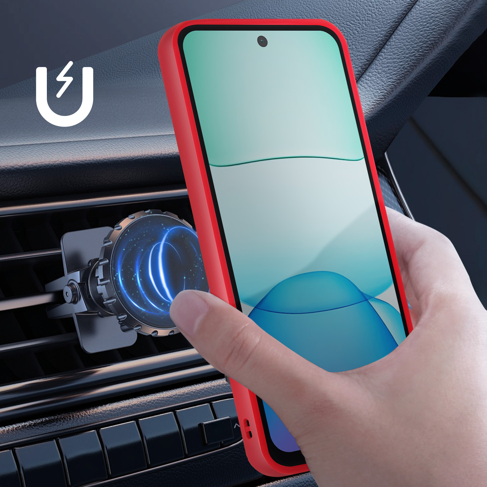 Telefono con custodia rossa montato su bocchetta auto. Mano tiene il telefono. Mostra un'immagine blu.
