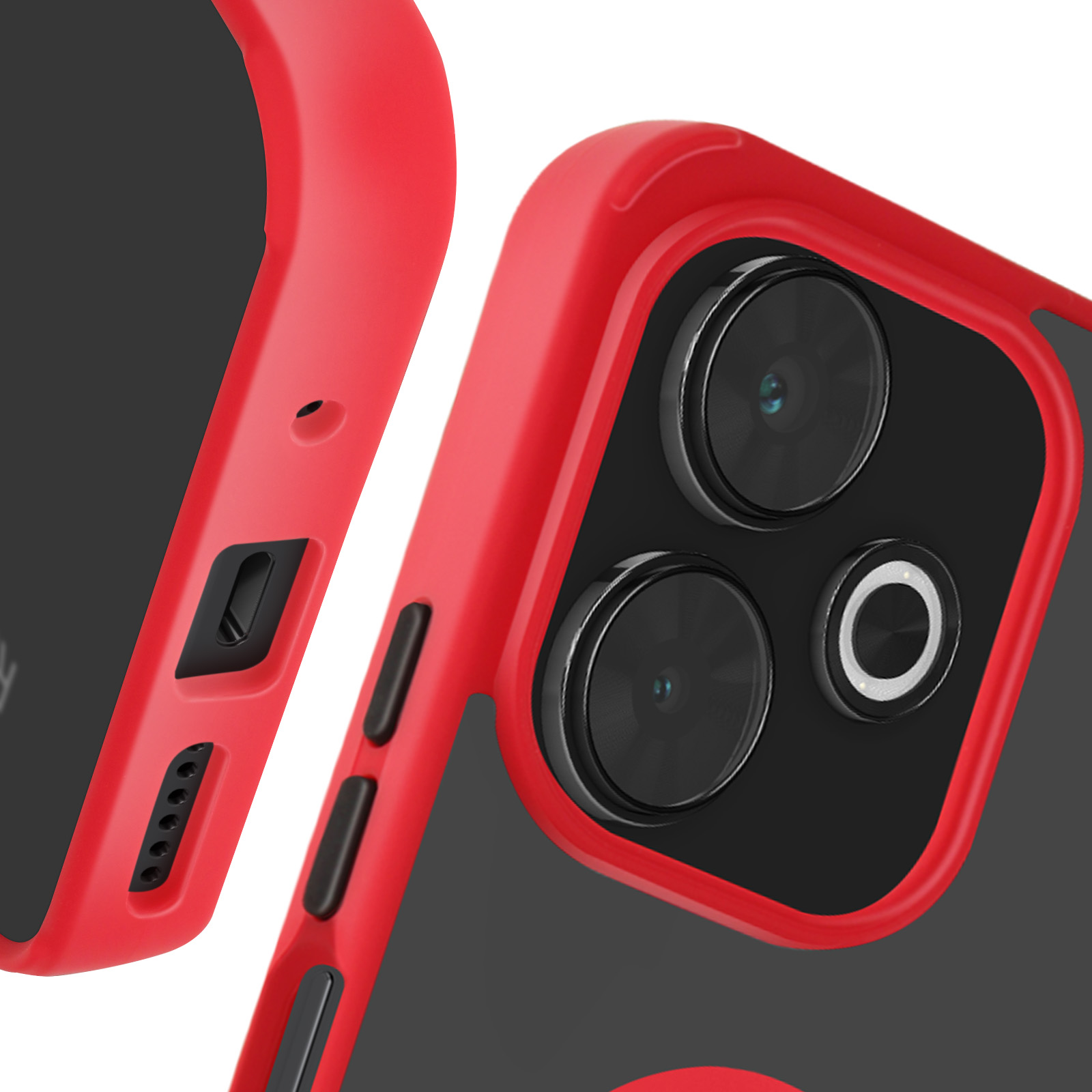 Primo piano della custodia del telefono. Design rosso e nero. Obiettivi della fotocamera visibili. Pulsanti e porta visibili.