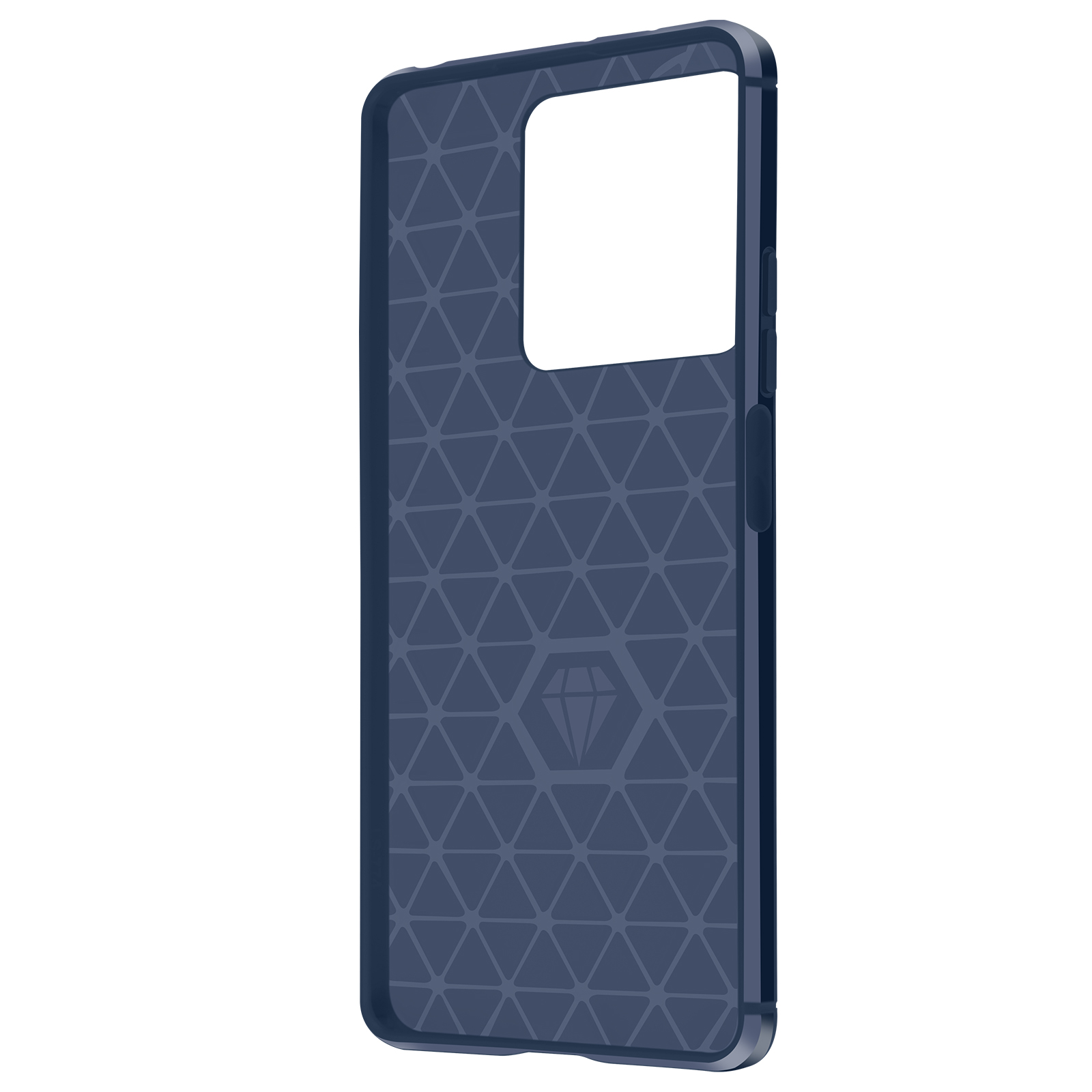 Interno di custodia per telefono blu con motivo triangolare e design a diamante.