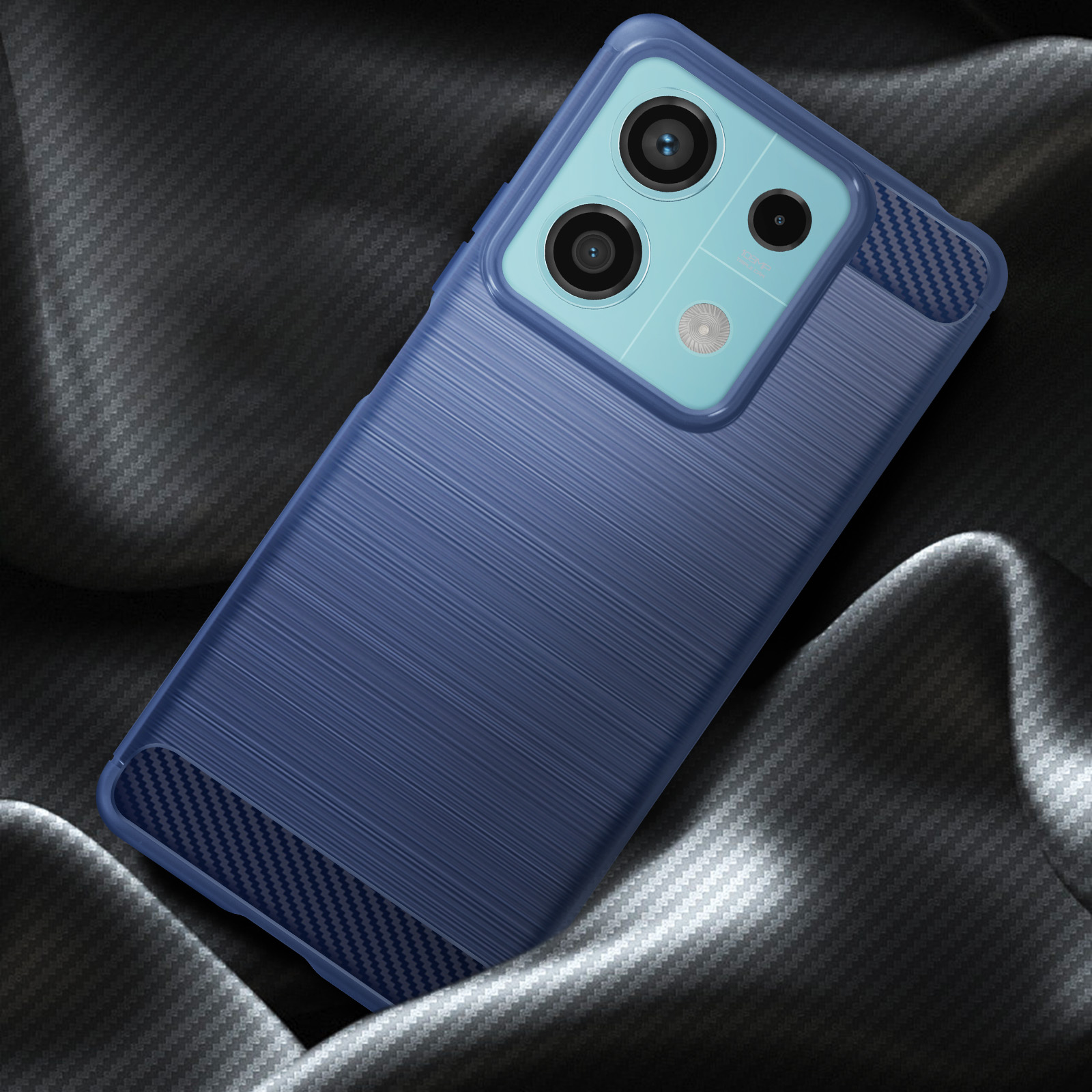 Custodia blu per telefono con finitura strutturata. Sfondo nero e blu.