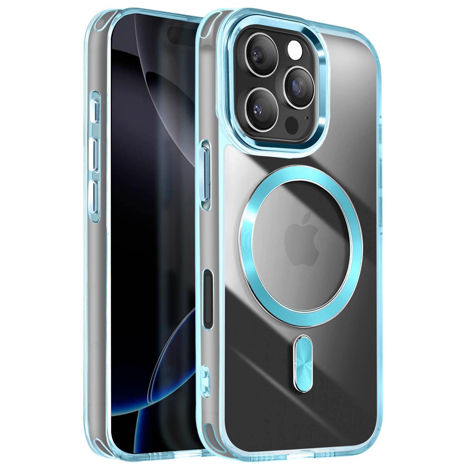Custodia trasparente con anello MagSafe blu e logo Apple, iPhone sullo sfondo.