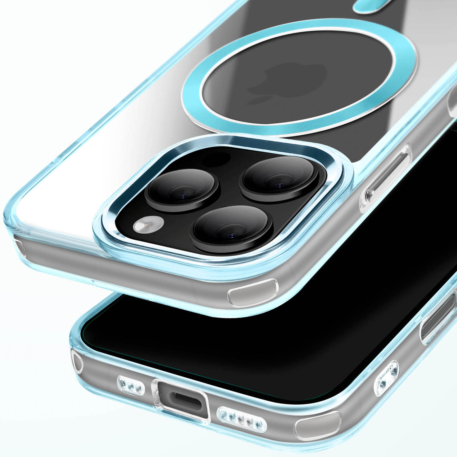 Un telefono con una custodia trasparente con un bordo blu. La parte posteriore del telefono è visibile.