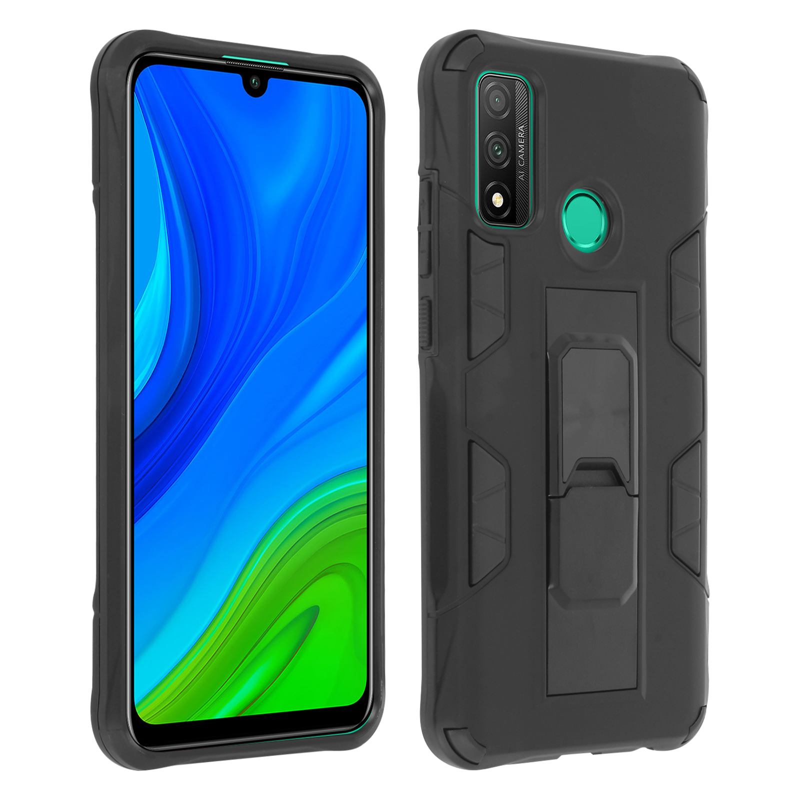 Custodia per telefono nera con cavalletto sul retro, con schermo blu e il telefono a sinistra.