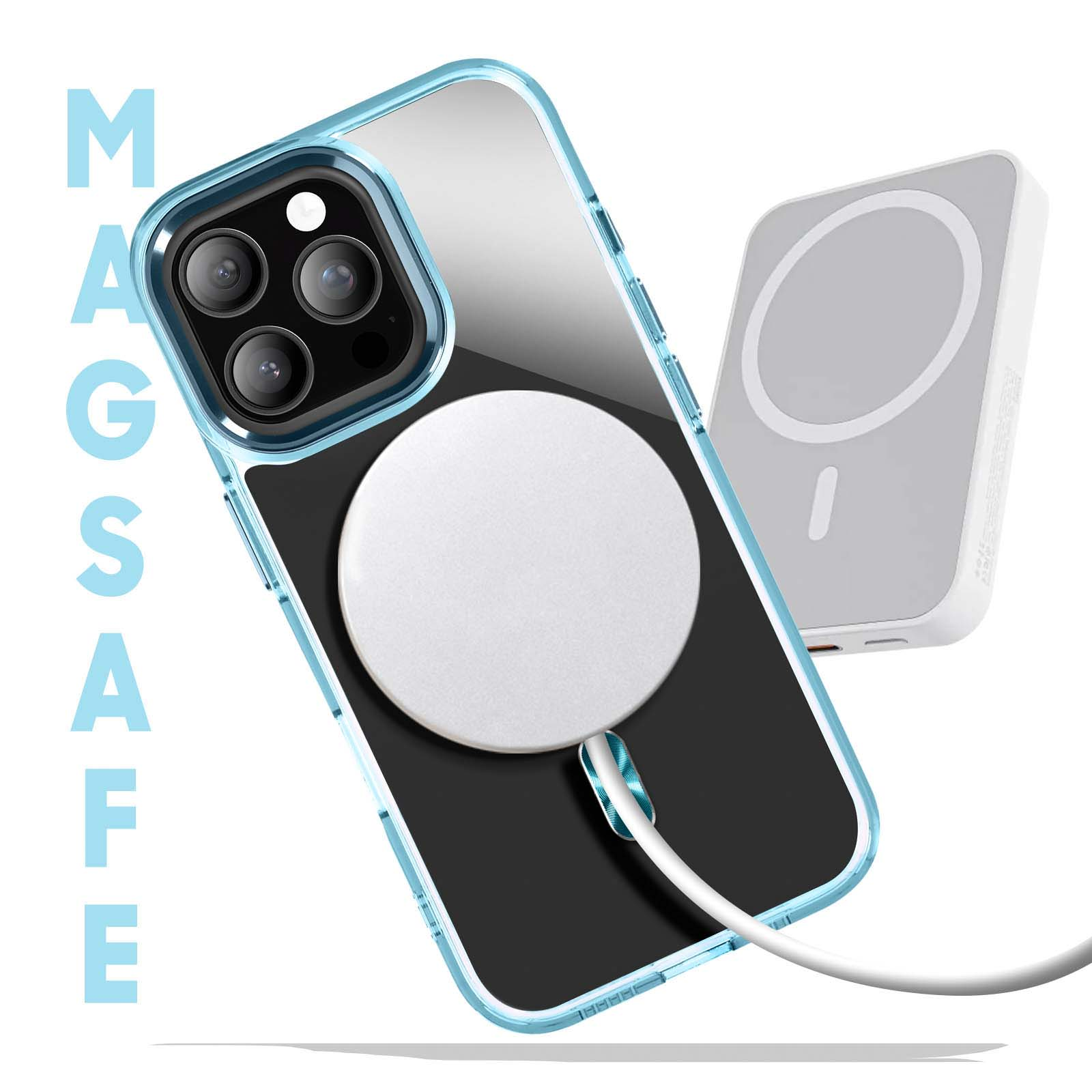 Telefono in custodia trasparente con cerchio bianco. Caricabatterie MagSafe collegato. Custodia blu. Testo MAGSAFE visibile.