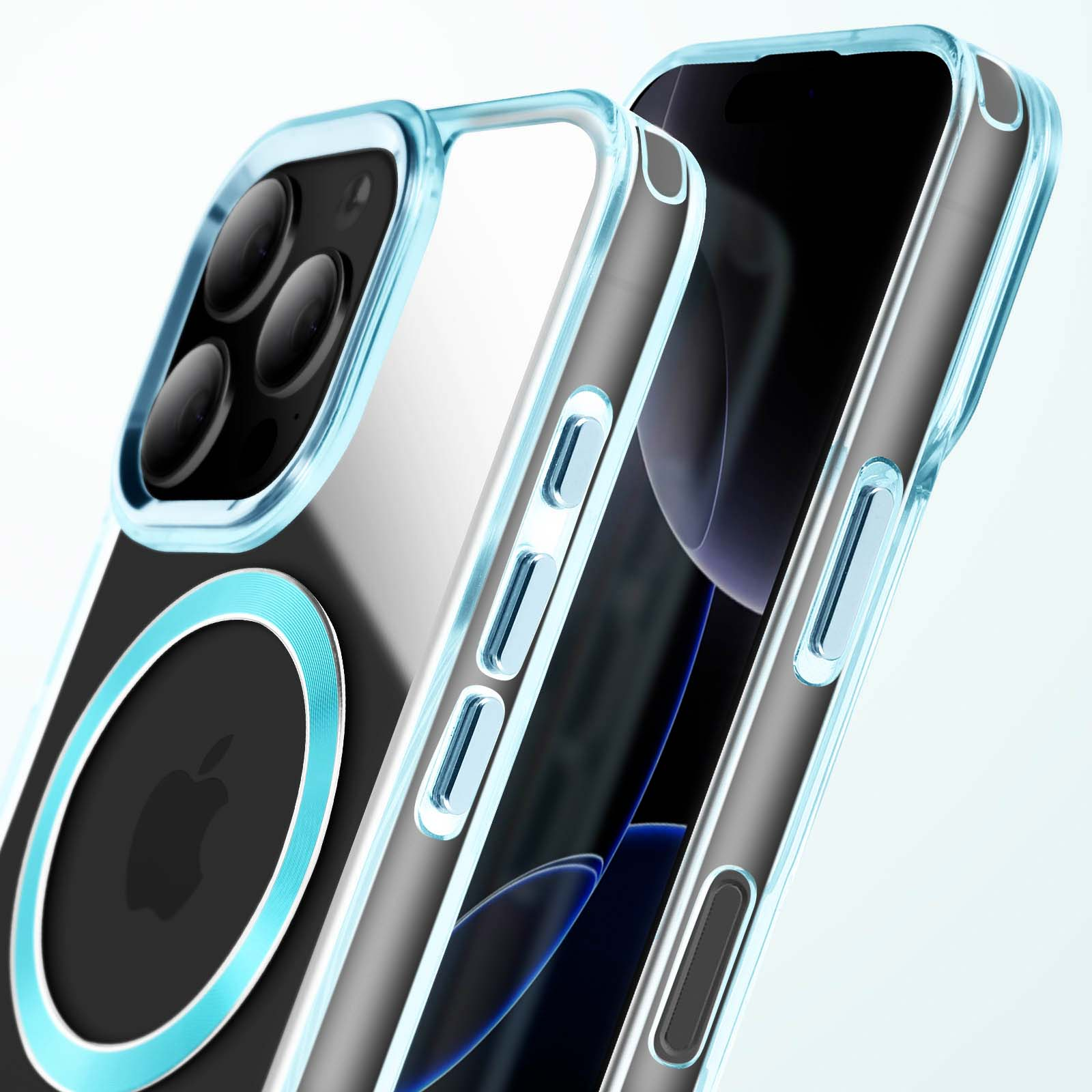 Custodia per telefono con il telefono all'interno, con il logo Apple e la fotocamera visibili.
