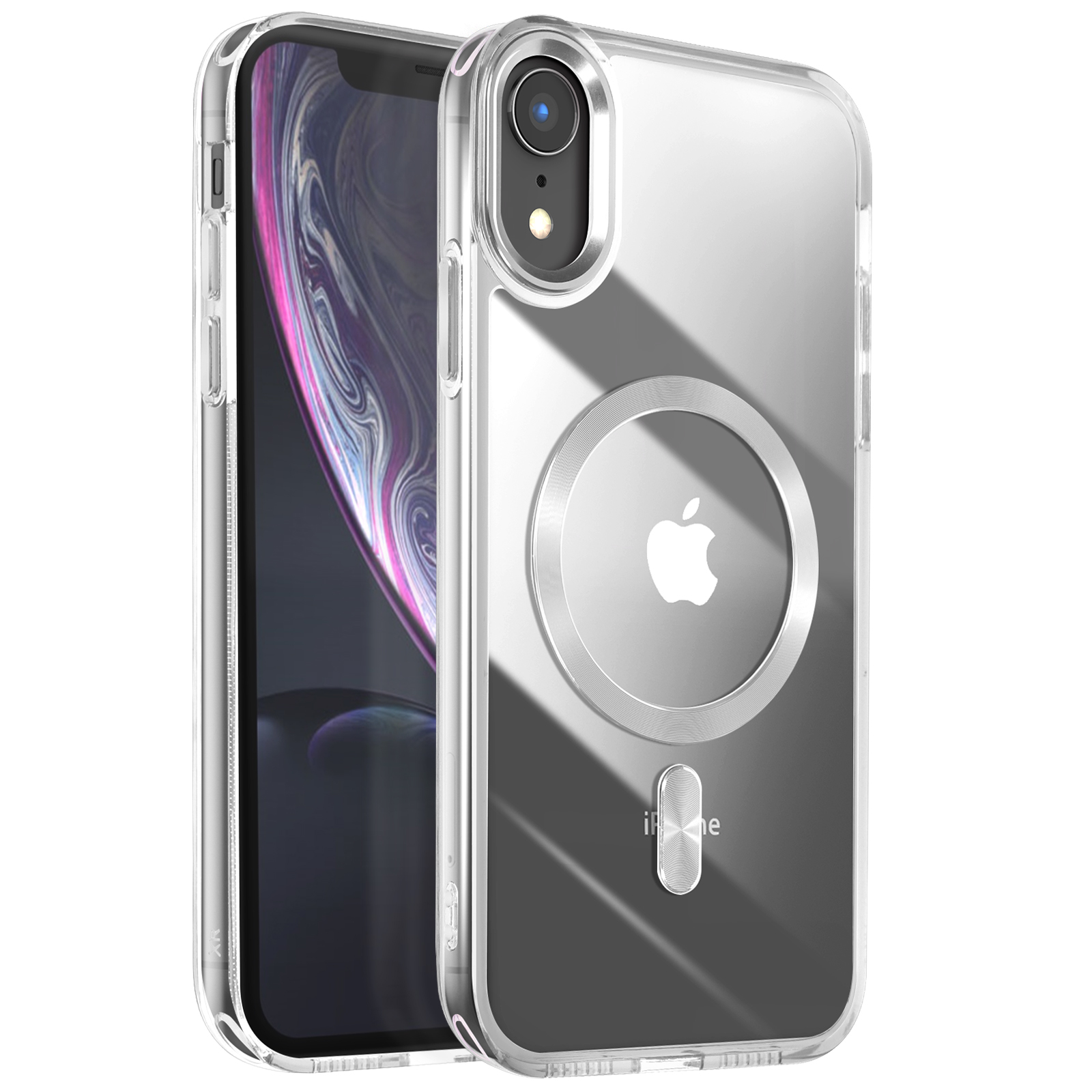 Una custodia trasparente per telefono con il logo Apple magnetico. Il telefono ha uno schermo nero e una fotocamera.