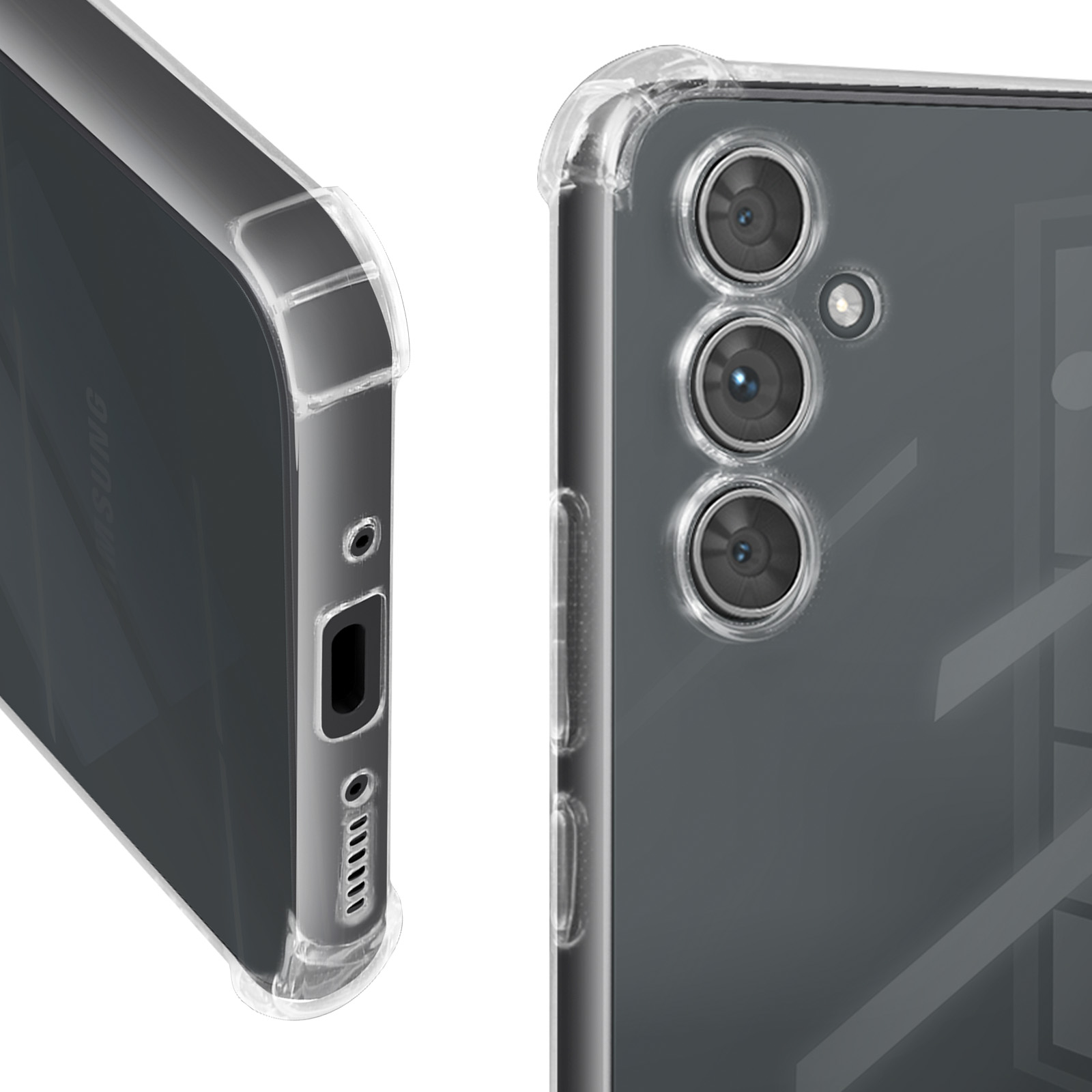 Primo piano di una custodia per telefono, che mostra la fotocamera e la parte inferiore. È una custodia trasparente.