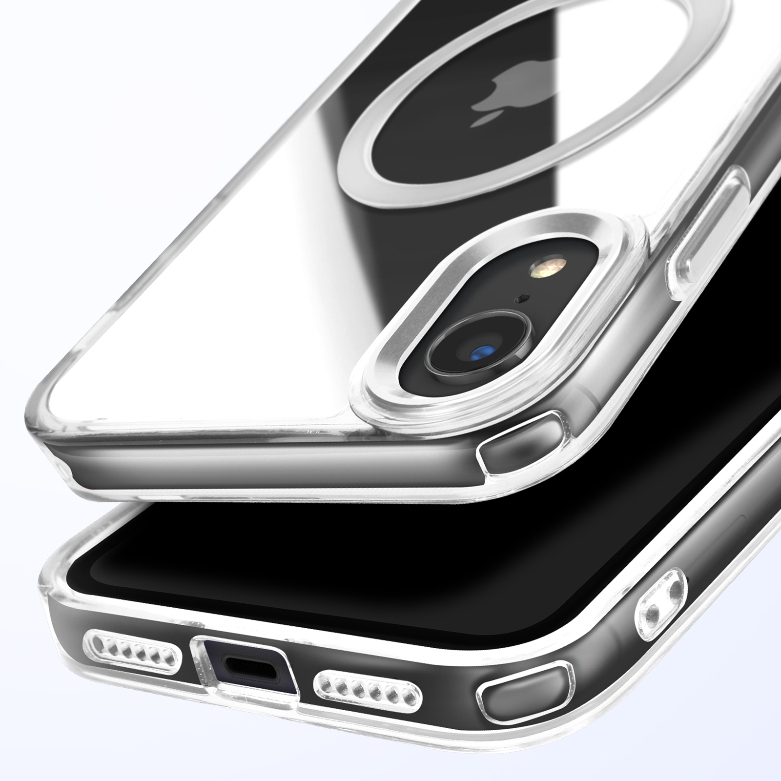 Primo piano di due custodie trasparenti per telefono, che mostrano i dettagli della fotocamera e del telefono.