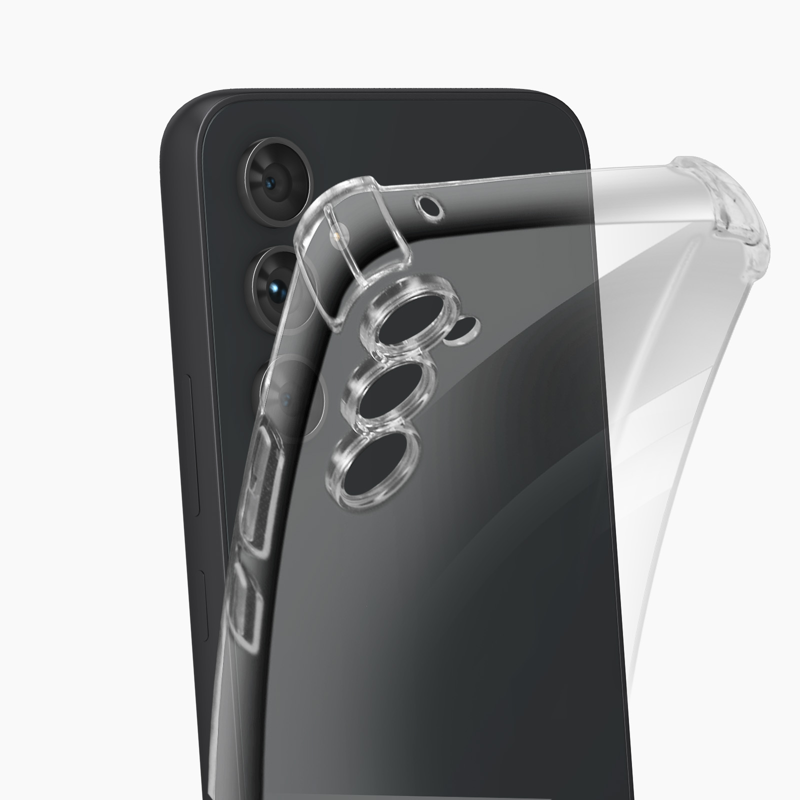 Un telefono con custodia trasparente, che mostra le fotocamere del telefono. La custodia è parzialmente sul telefono.