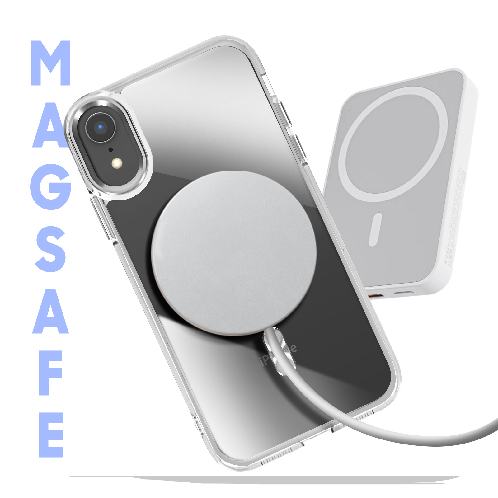 Custodia trasparente con caricatore MagSafe. Sfondo bianco, telefono e caricatore. Testo: MagSafe.