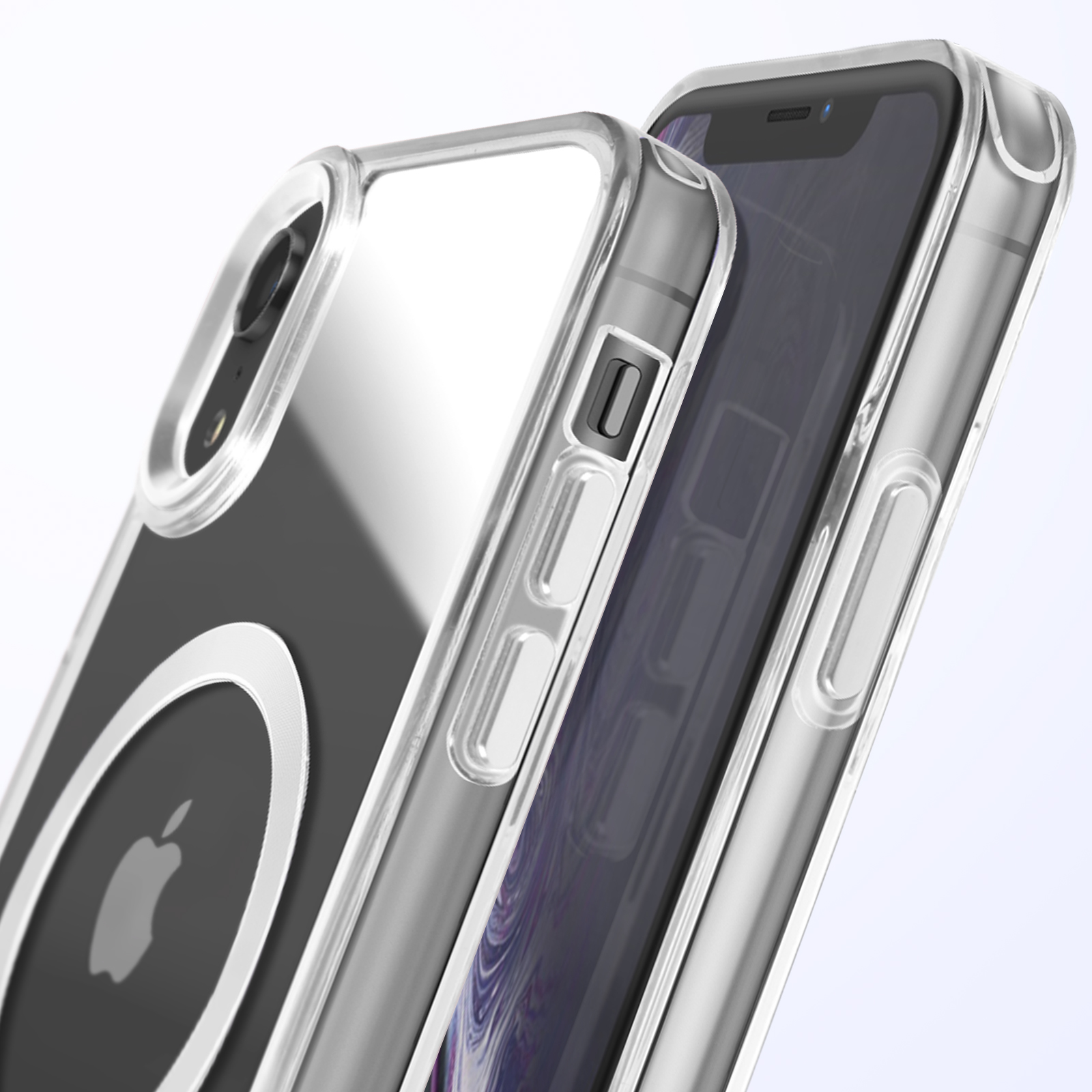 Telefono in una custodia trasparente. La custodia ha un ritaglio per la fotocamera e un punto per il logo Apple.