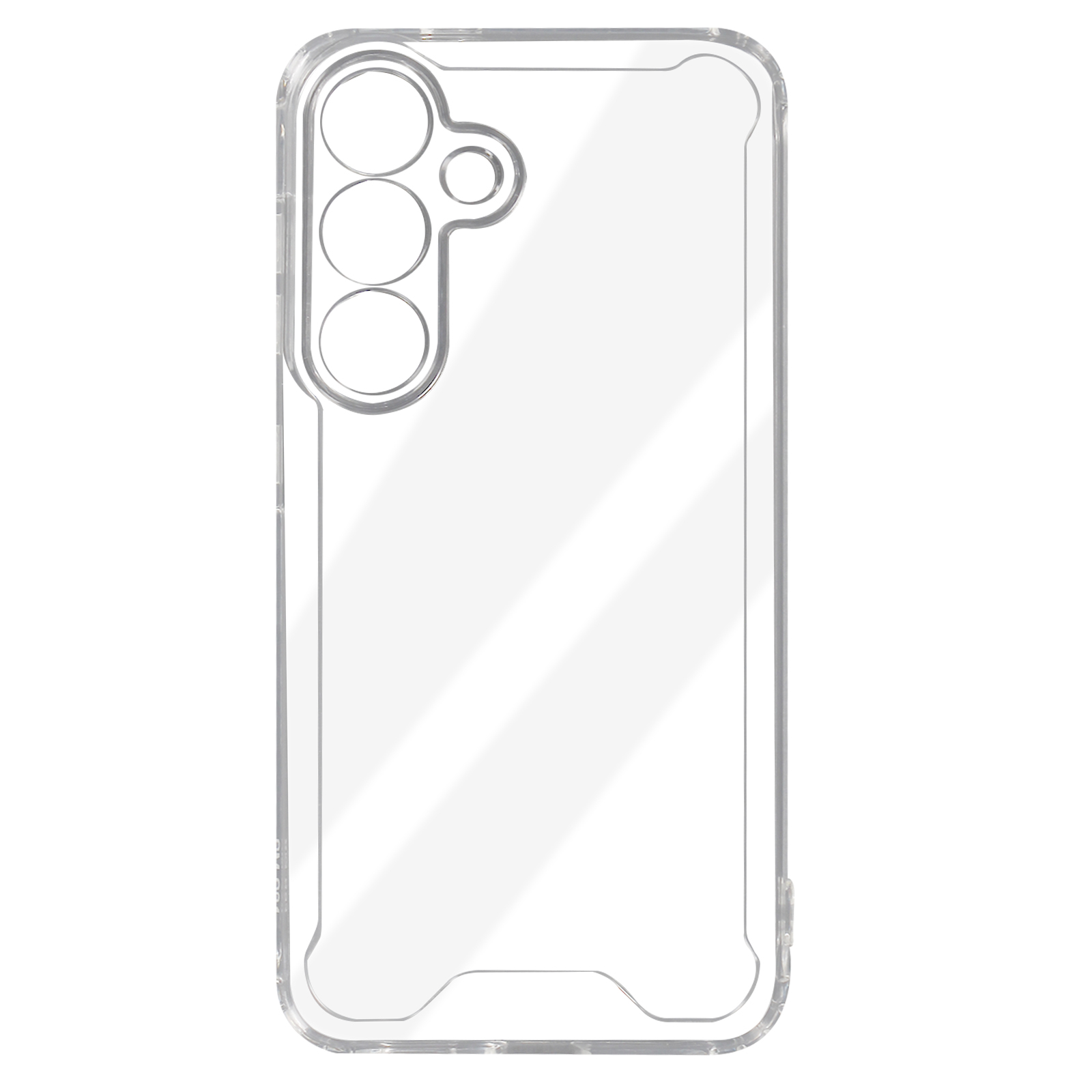 Coque de téléphone transparente. Trois trous pour caméra et dos clair. Bords solides.