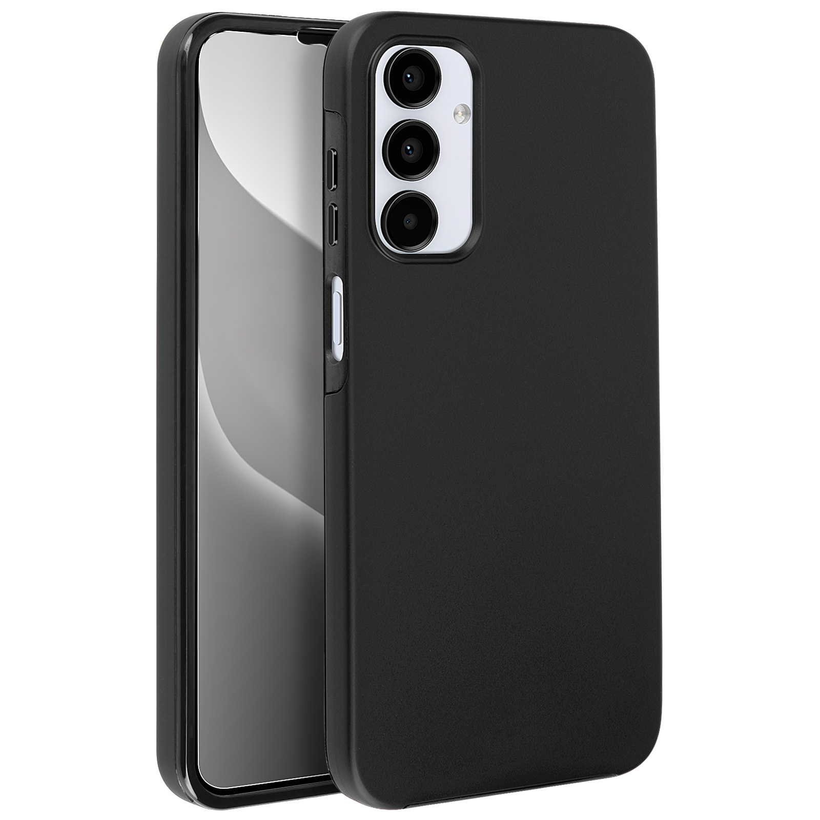 Custodia nera per telefono con telefono all'interno, fotocamera e pulsanti laterali visibili.