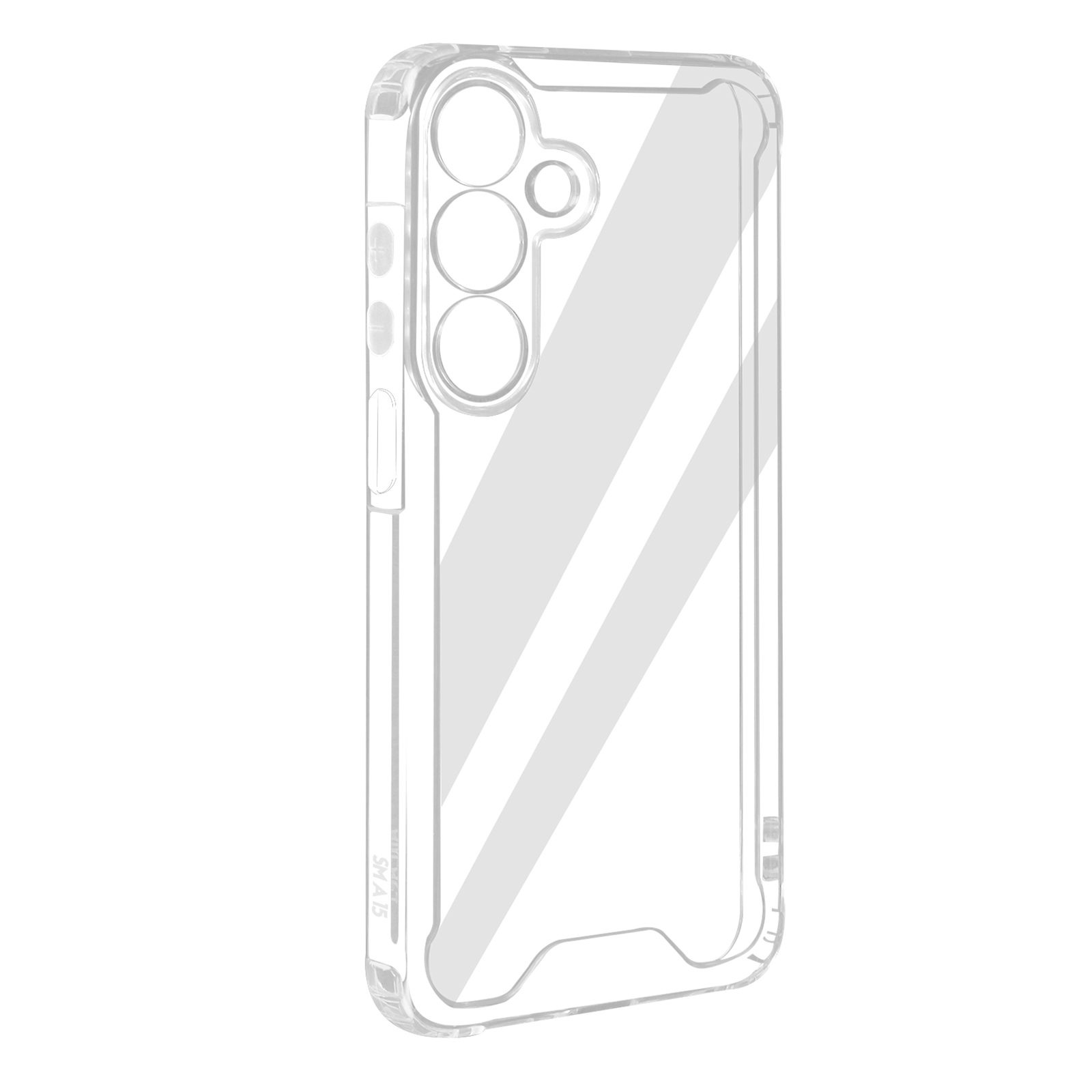 Coque de téléphone transparente, avec découpe pour caméra et boutons.